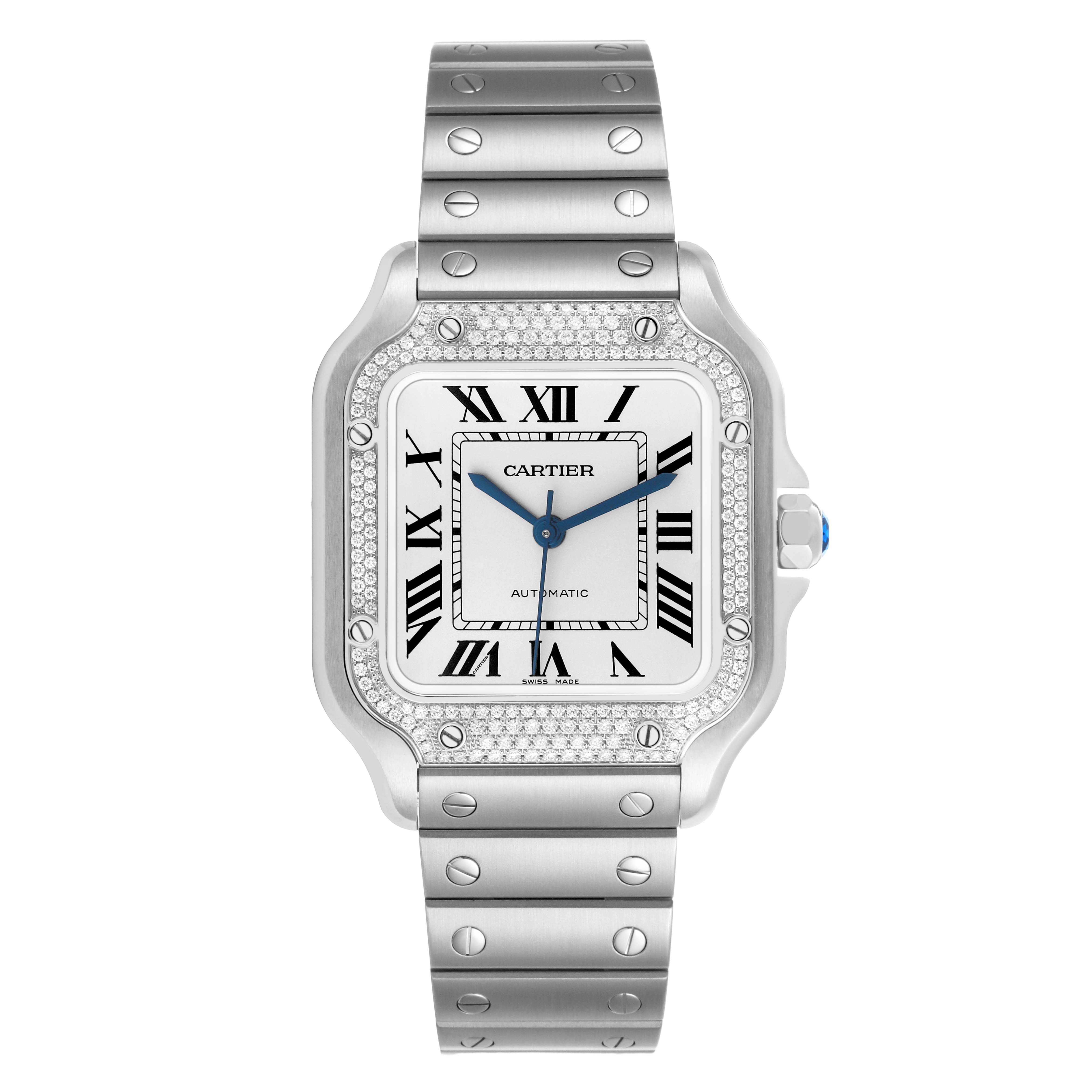 The Cartier Santos W4SA0005 Men's Stainless Steel Silver Dial watch is shown from the front, displaying the dial, case, and bracelet with visible screws.