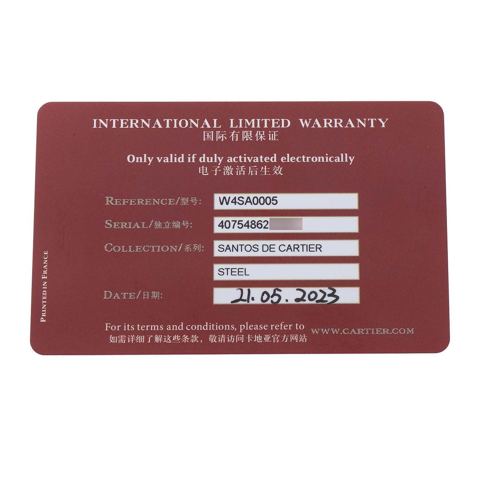 The image shows the International Limited Warranty card for a Santos de Cartier watch.