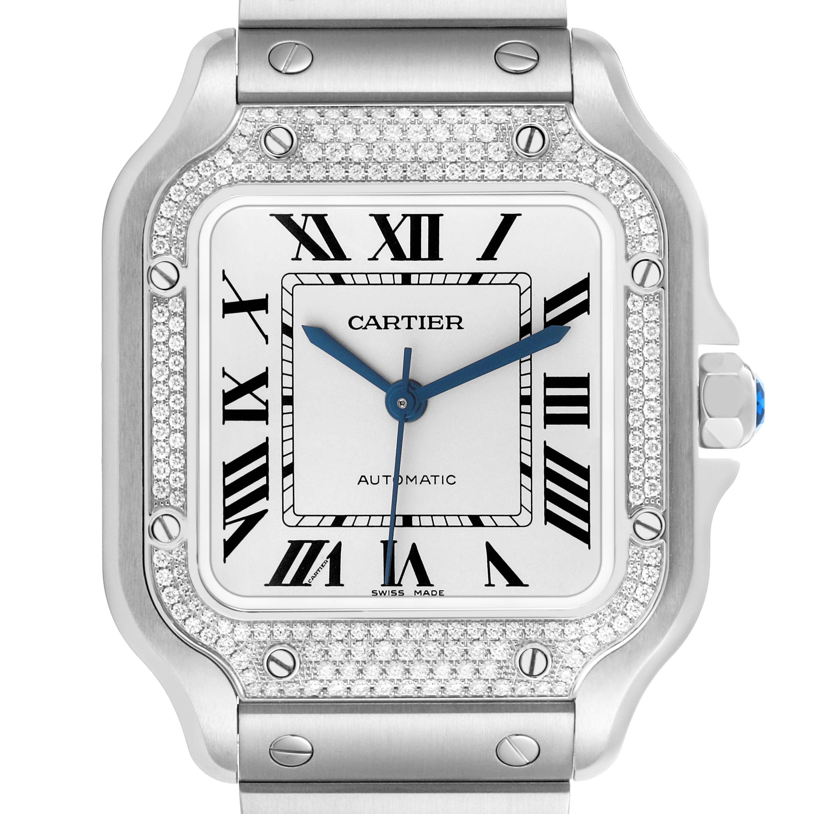 The image shows a close-up, front view of the Cartier Santos W4SA0005 Men's Stainless Steel Silver Dial watch, highlighting the bezel with diamonds, dial, and crown.