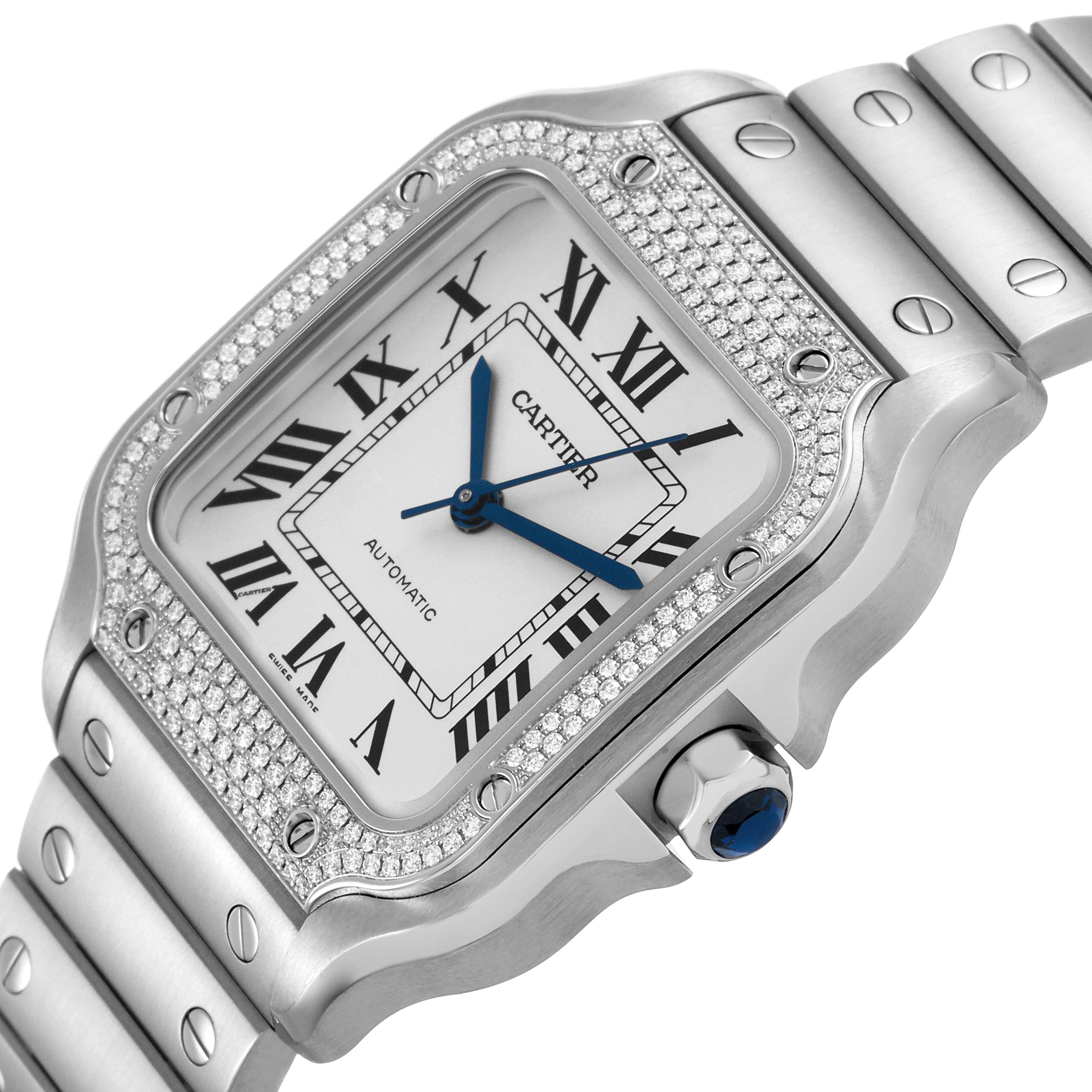 The Cartier Santos W4SA0005 Men's Stainless Steel Silver Dial watch is shown at an angle, highlighting its diamond-encrusted bezel, Roman numerals, and blue hands.