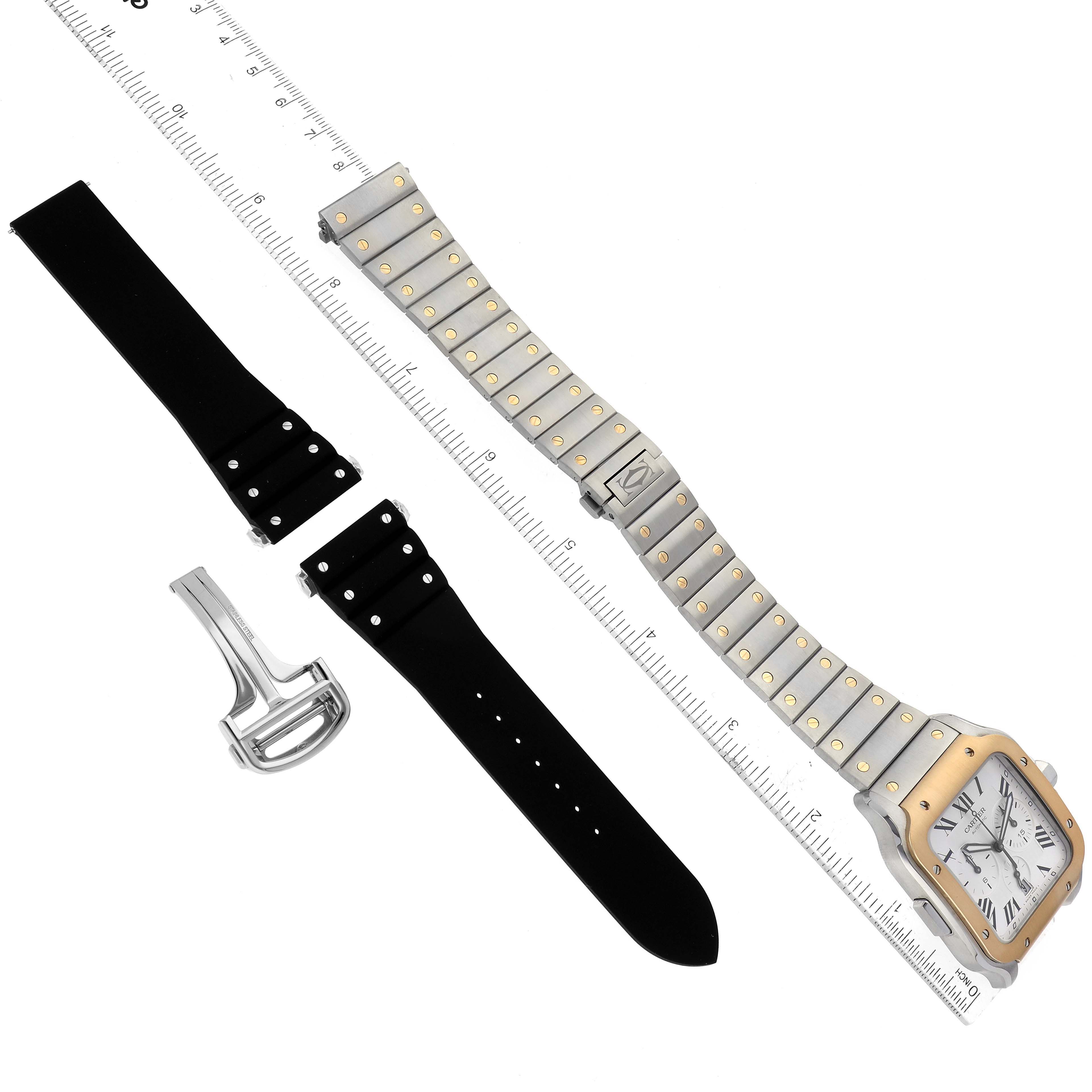 This image shows a top-view angle of a Santos model by Cartier, featuring the watch face, metal bracelet, black leather straps, and a buckle.