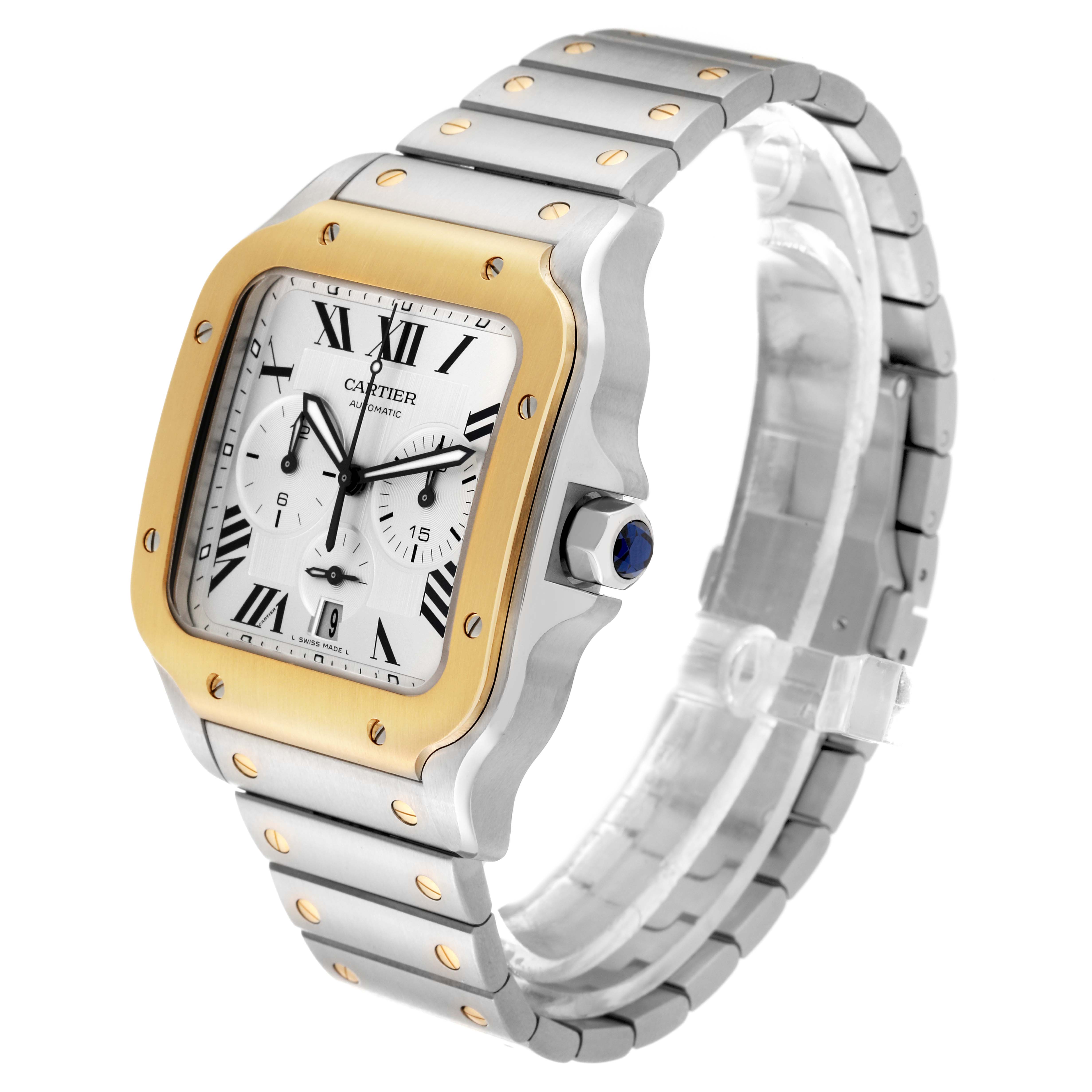 The image shows a Cartier Santos W2SA0008 Men's Steel and Gold (two tone) Silver Dial W2SA0008 Men's Steel and Gold (two tone) Silver Dial watch angled to highlight the face, bezel, crown, and part of the bracelet.