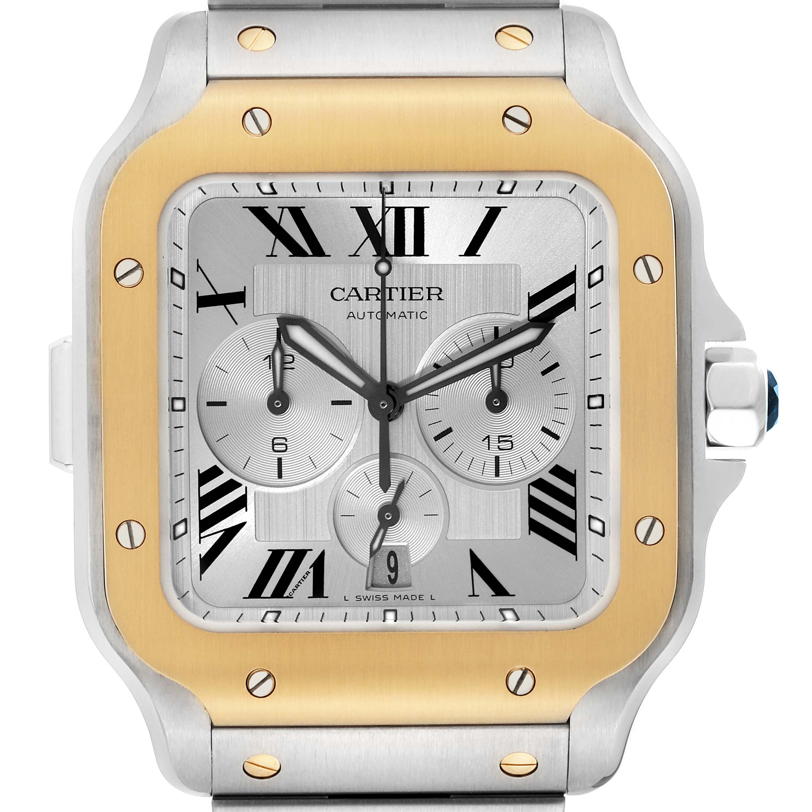 The image shows a front view of the face and bezel of the Cartier Santos W2SA0008 Men's Steel and Gold (two tone) Silver Dial W2SA0008 Men's Steel and Gold (two tone) Silver Dial watch, highlighting its two-tone design and chronograph features.