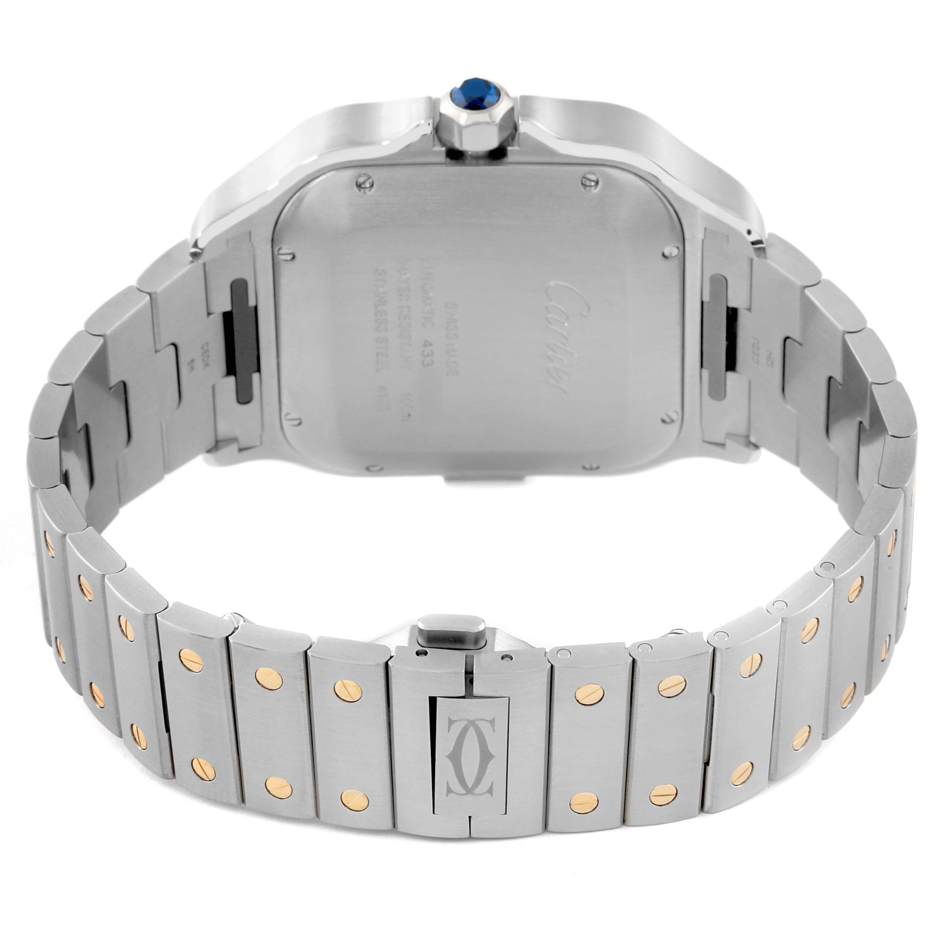 The image shows the back of a Cartier Santos W2SA0008 Men's Steel and Gold (two tone) Silver Dial W2SA0008 Men's Steel and Gold (two tone) Silver Dial watch, highlighting its case back, bracelet, and folding clasp.