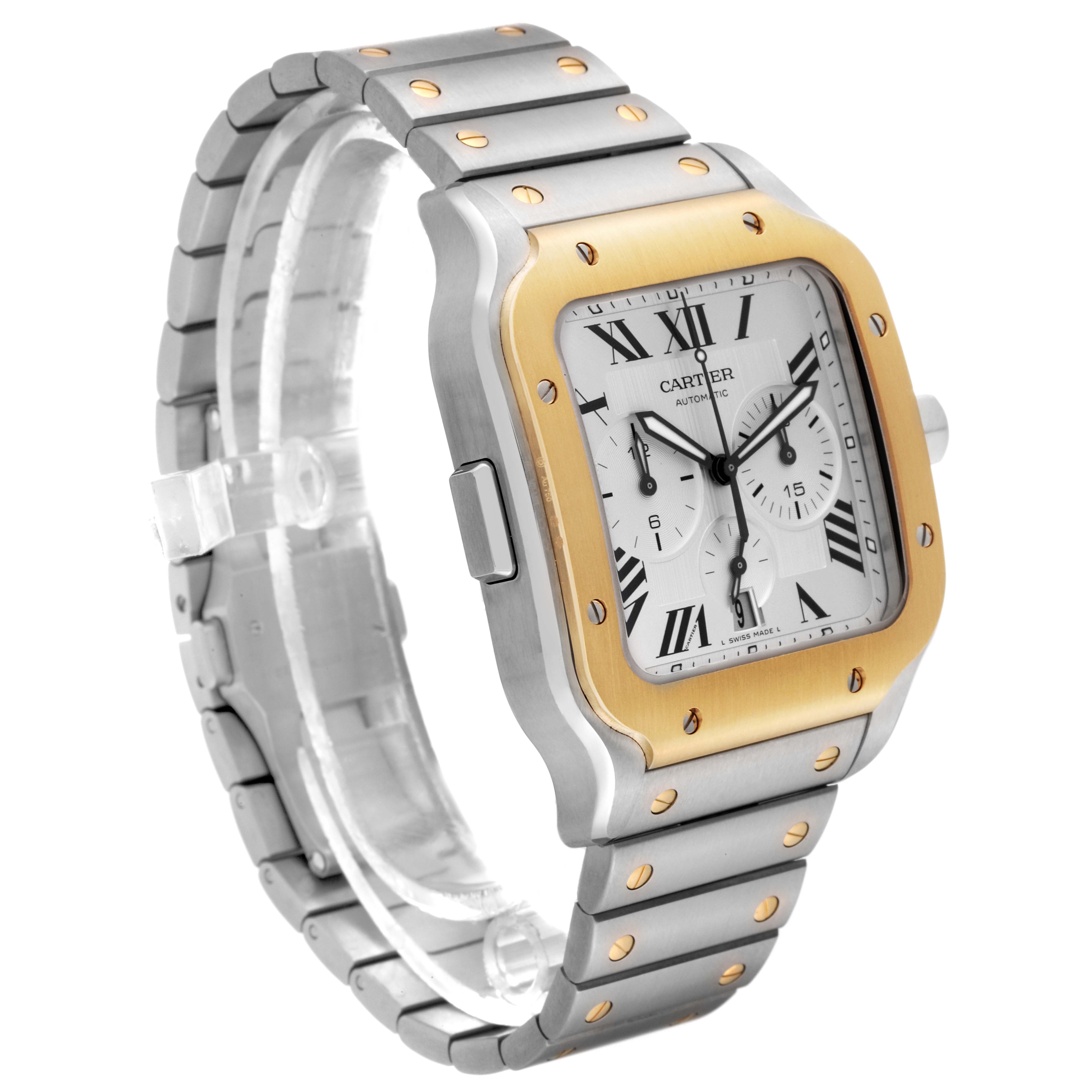 The image shows a Cartier Santos W2SA0008 Men's Steel and Gold (two tone) Silver Dial W2SA0008 Men's Steel and Gold (two tone) Silver Dial watch at a three-quarter angle, highlighting the face, bezel, and bracelet.