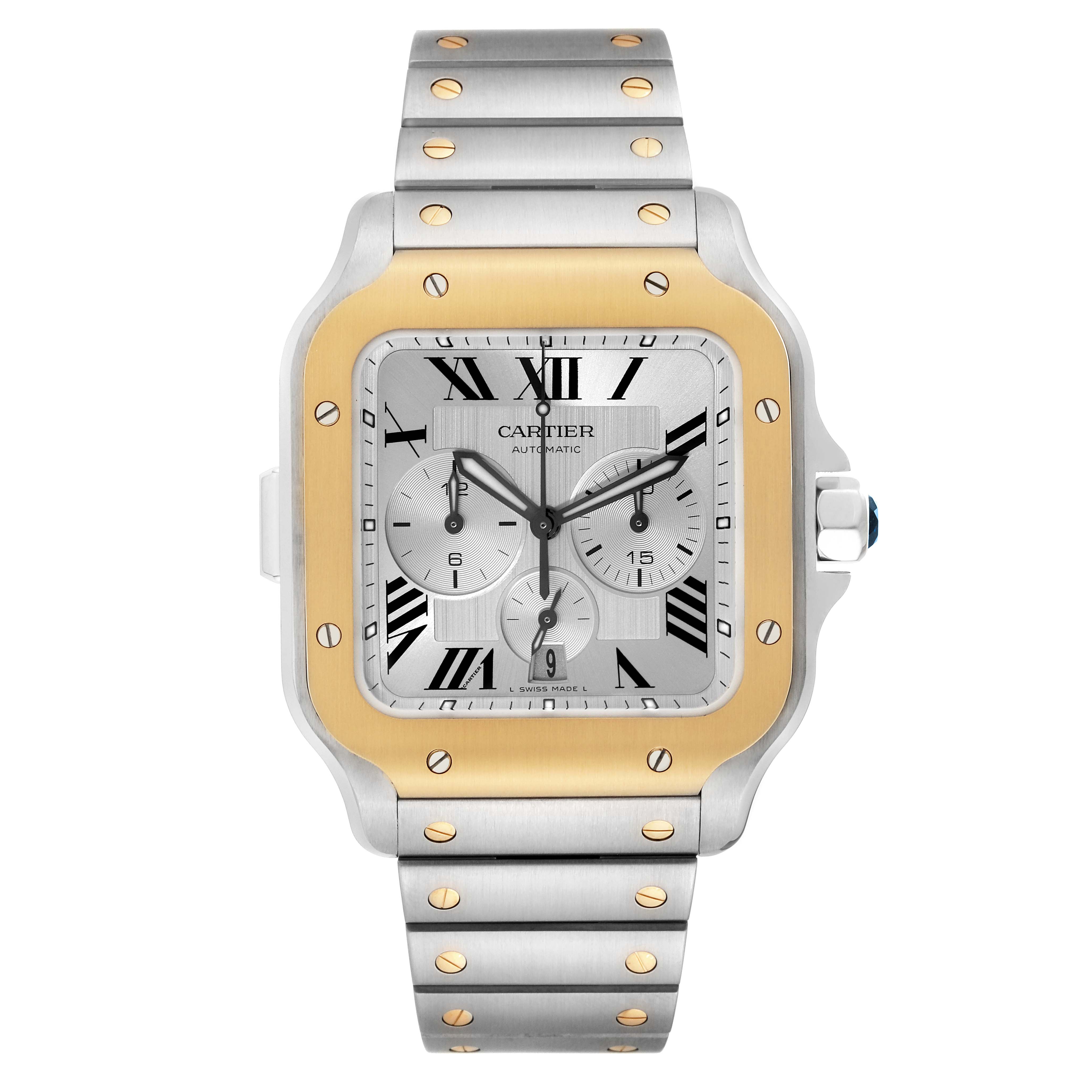 This image shows the front view of the Cartier Santos W2SA0008 Men's Steel and Gold (two tone) Silver Dial W2SA0008 Men's Steel and Gold (two tone) Silver Dial watch, highlighting its two-tone bezel, dial, and bracelet.