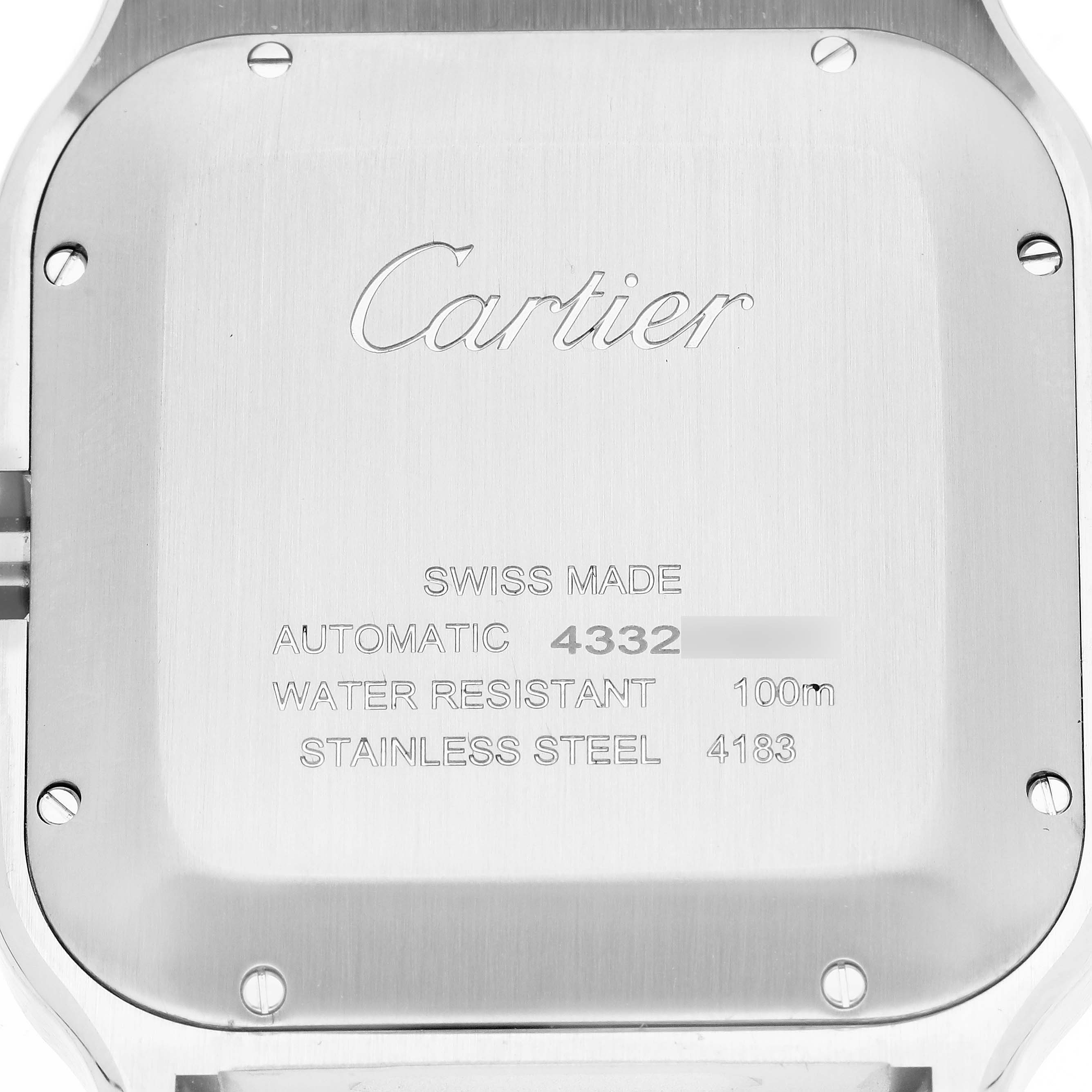 This image shows the case back of a Cartier Santos W2SA0008 Men's Steel and Gold (two tone) Silver Dial W2SA0008 Men's Steel and Gold (two tone) Silver Dial model watch, displaying its specifications.