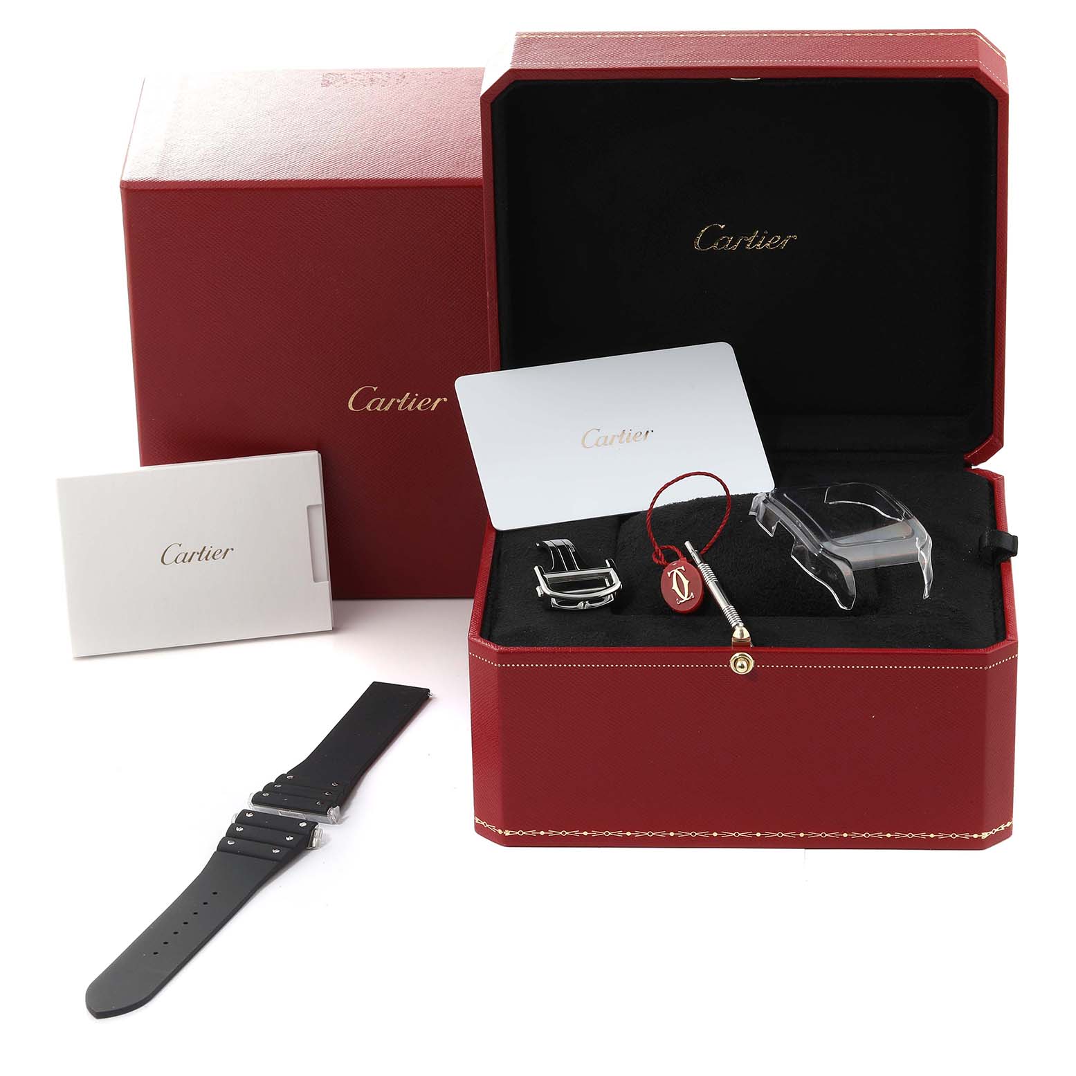 The image shows a Cartier Santos W2SA0008 Men's Steel and Gold (two tone) Silver Dial W2SA0008 Men's Steel and Gold (two tone) Silver Dial watch set, featuring the watch components and accessories in a red box.