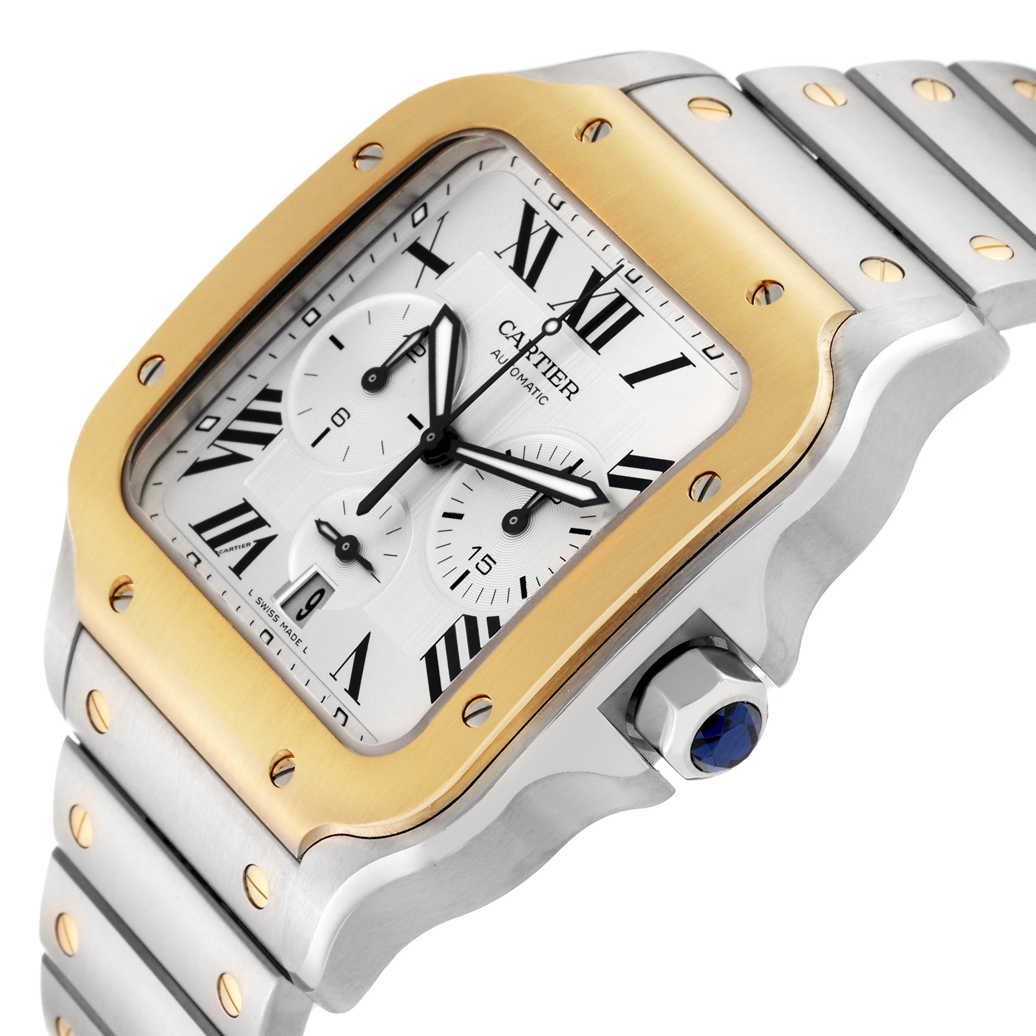The Cartier Santos W2SA0008 Men's Steel and Gold (two tone) Silver Dial W2SA0008 Men's Steel and Gold (two tone) Silver Dial model watch is shown at a slight angle, highlighting its face, bezel, crown, and part of the bracelet.