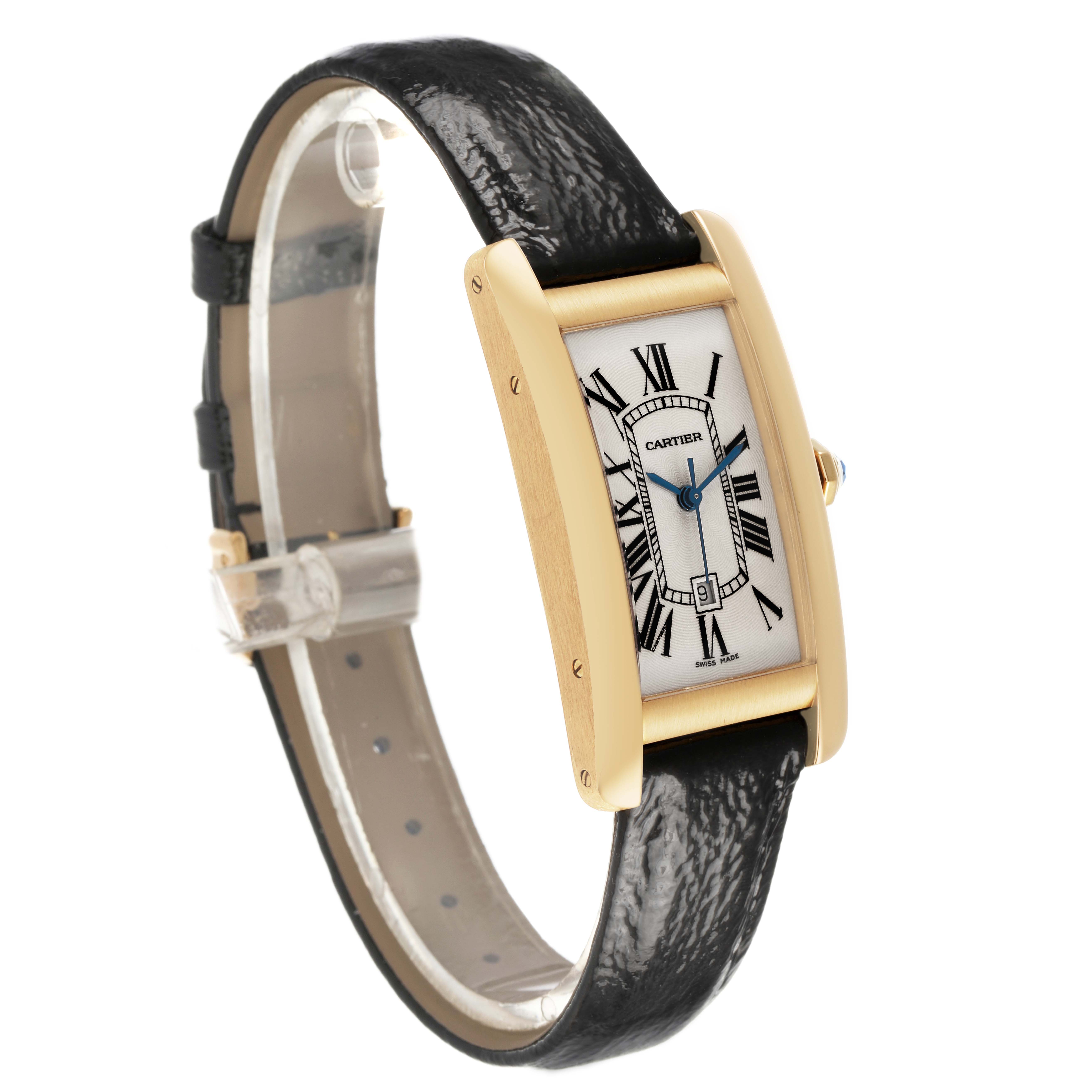 The Cartier Tank Americaine W2603556 Men's Yellow Gold Silver Dial watch is displayed at a three-quarter angle, showing the face, strap, and side view.