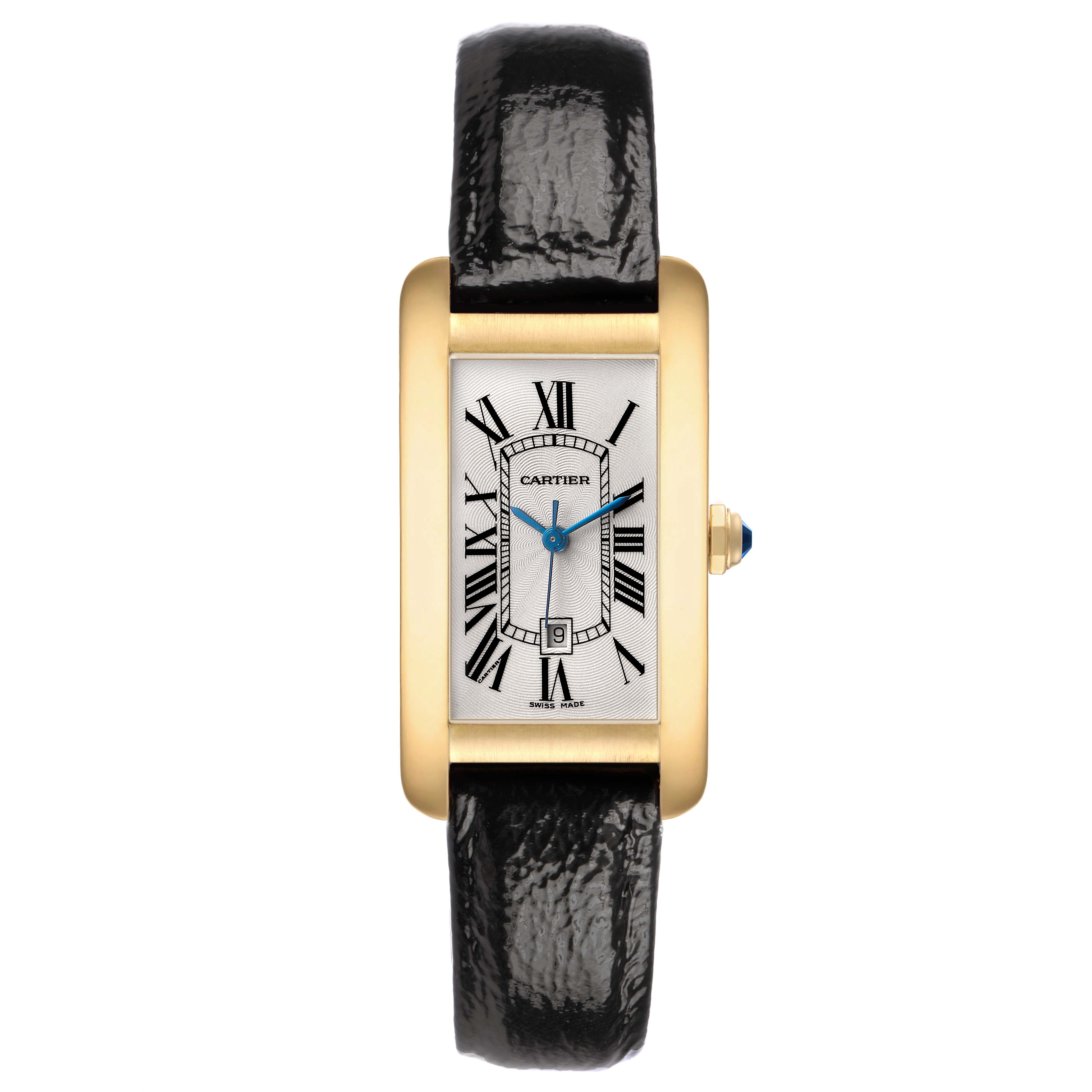 The Cartier Tank Américaine watch is shown from a straight-on angle, highlighting its rectangular face, Roman numerals, and leather strap.