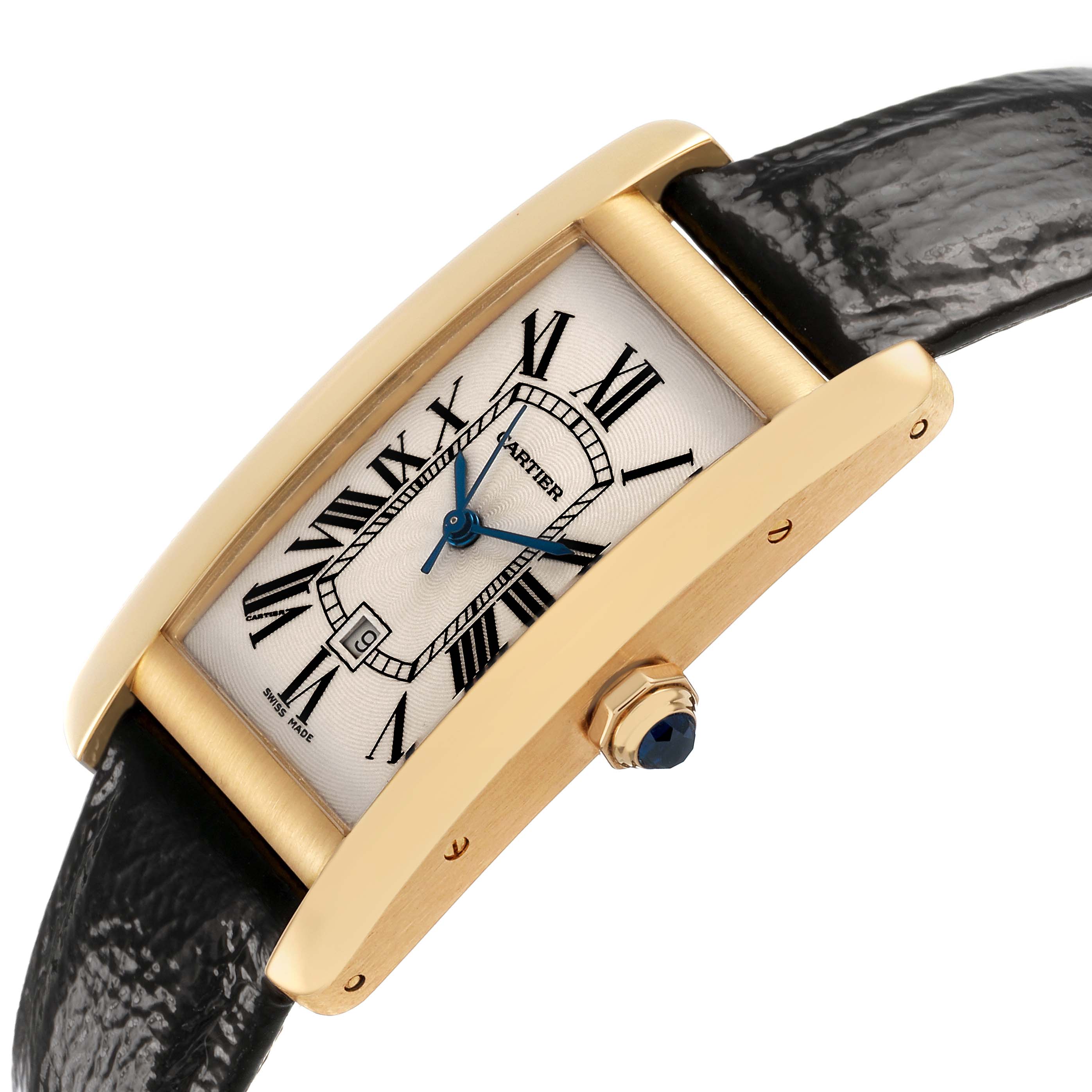 The Cartier Tank Américaine watch is shown at an angled view, highlighting the rectangular face, Roman numerals, and a gold case with a crown.