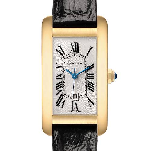 The Cartier Tank Américaine watch is shown from the front, highlighting its rectangular face, Roman numerals, and blue hands.
