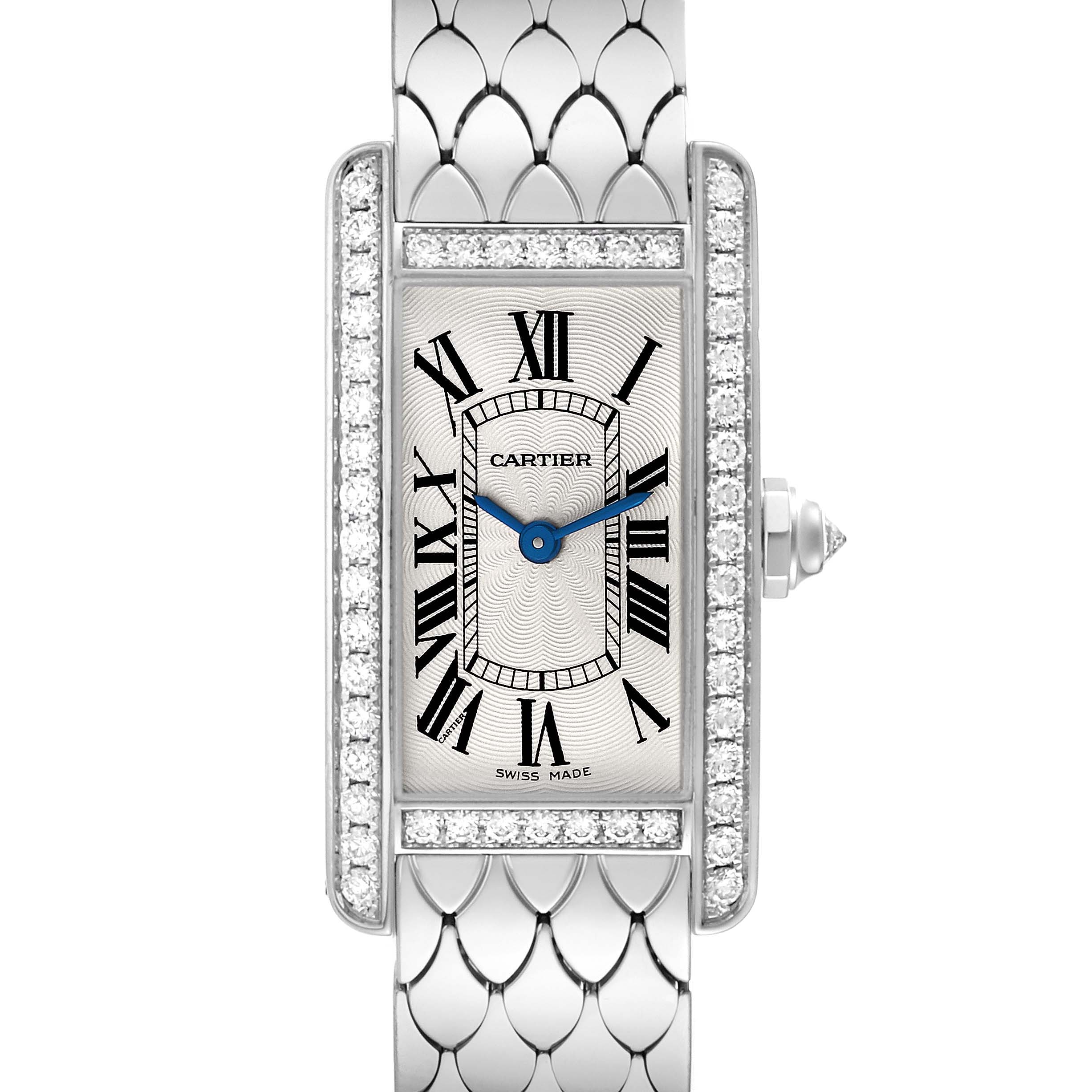 This image shows a frontal view of the Cartier Tank Américaine watch, highlighting its rectangular face, Roman numerals, and diamond bezel.
