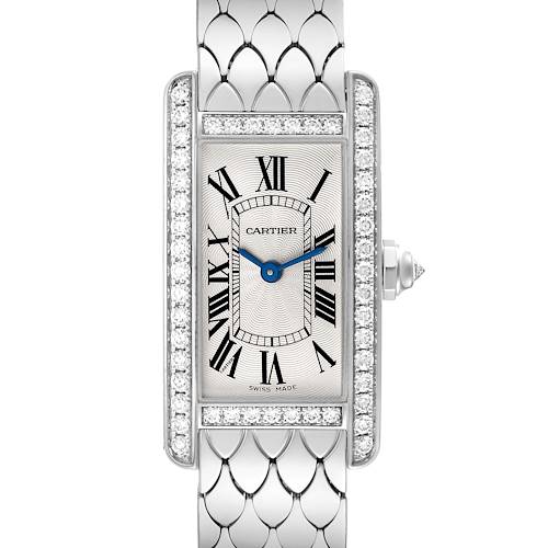 The image shows a frontal view of the Cartier Tank Américaine watch, highlighting its rectangular face, Roman numerals, and diamond accents.