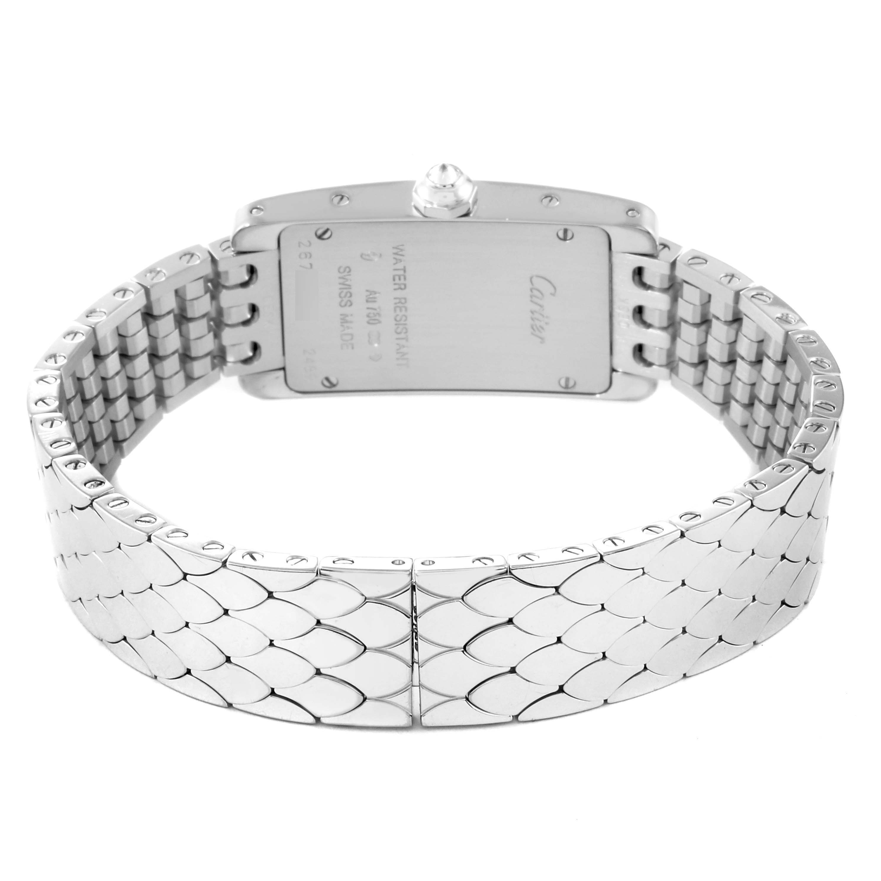 This image shows the back case and bracelet of a Cartier Tank Americaine WB710009 Women's White Gold Silver Dial WB710009 Women's White Gold Silver Dial watch from a rear angle.