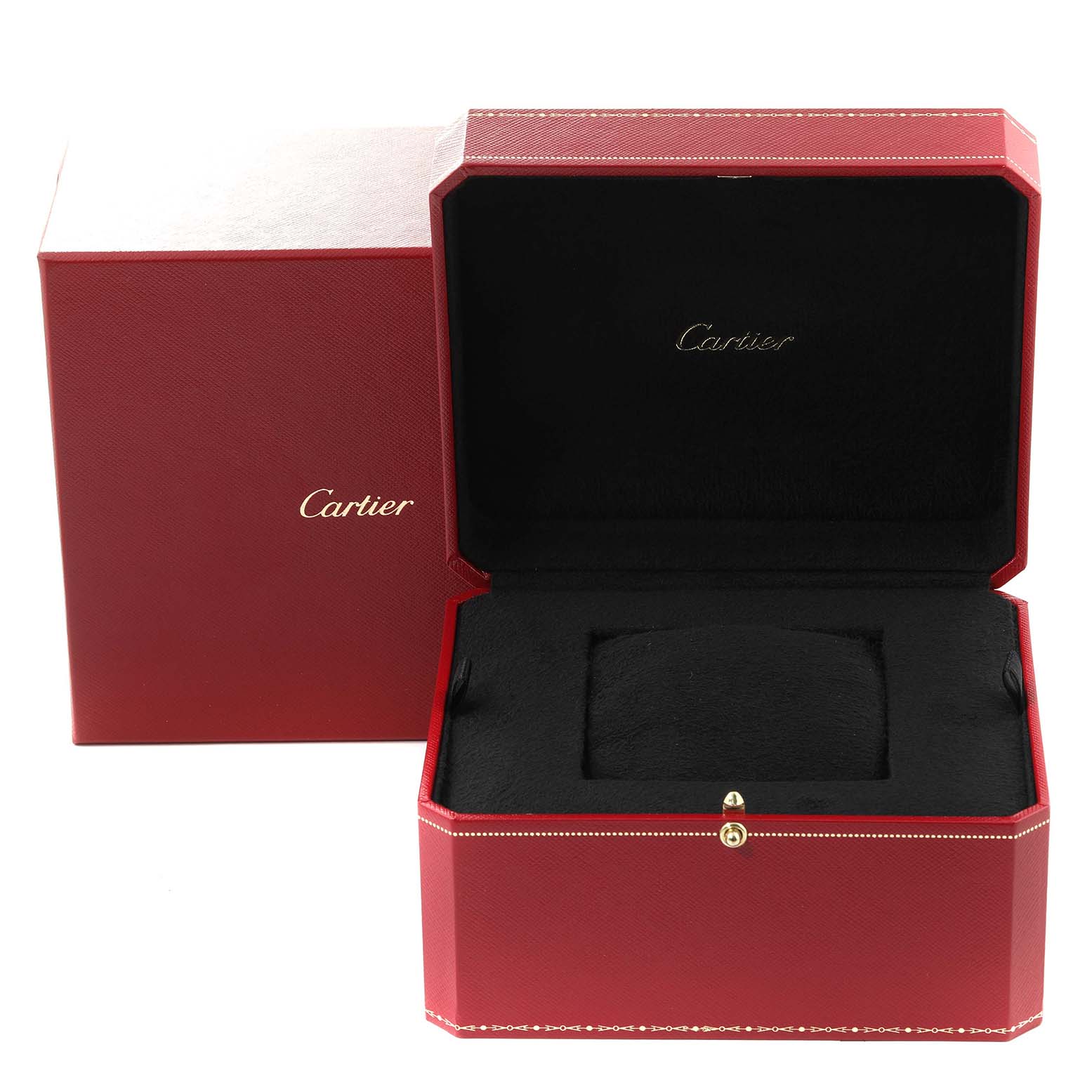 This image shows an open red Cartier watch box for the Tank Americaine model, showcasing the interior and pillow for the watch.