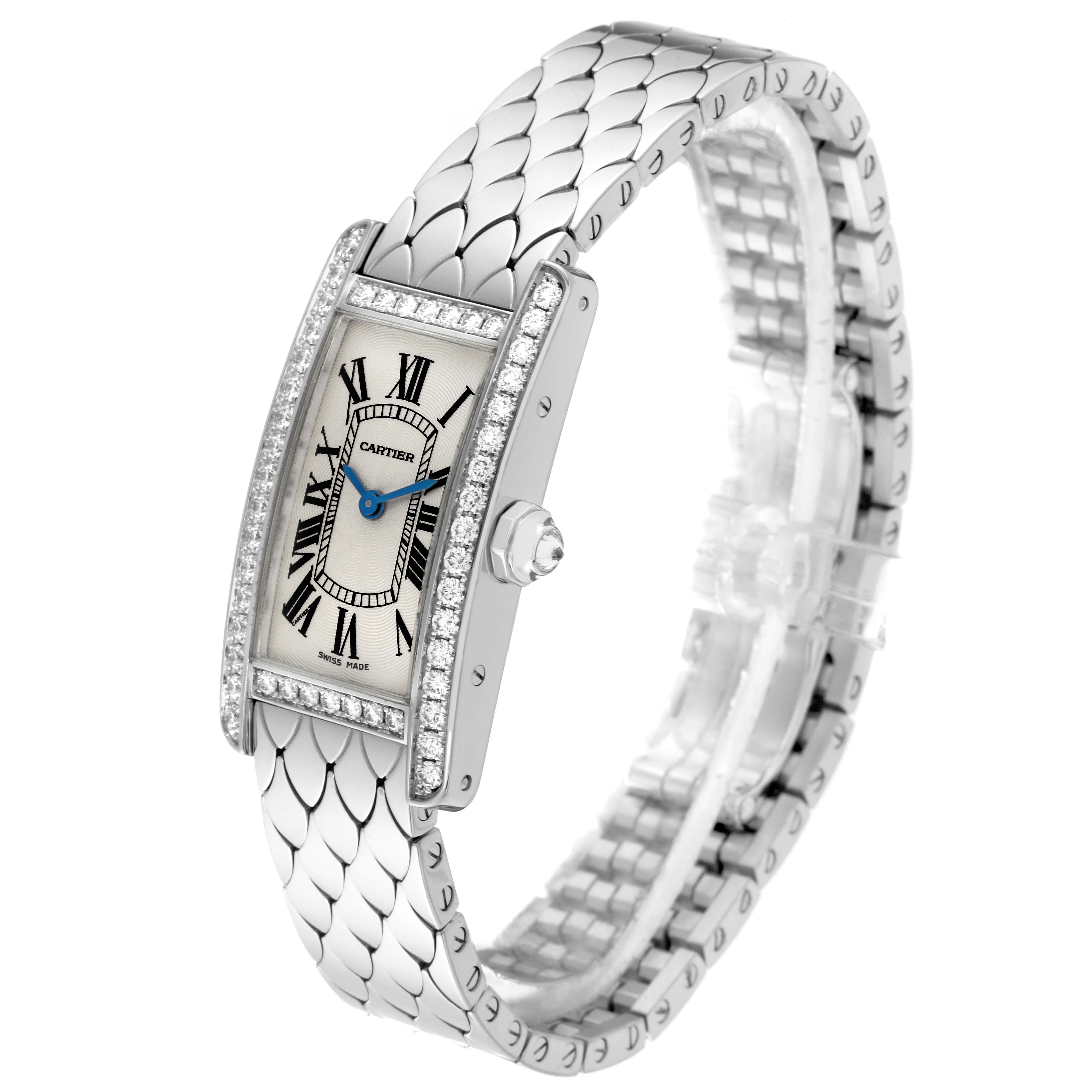 The Cartier Tank Americaine WB710009 Women's White Gold Silver Dial WB710009 Women's White Gold Silver Dial watch is shown at a three-quarter angle, highlighting its face, bezel, crown, and bracelet.