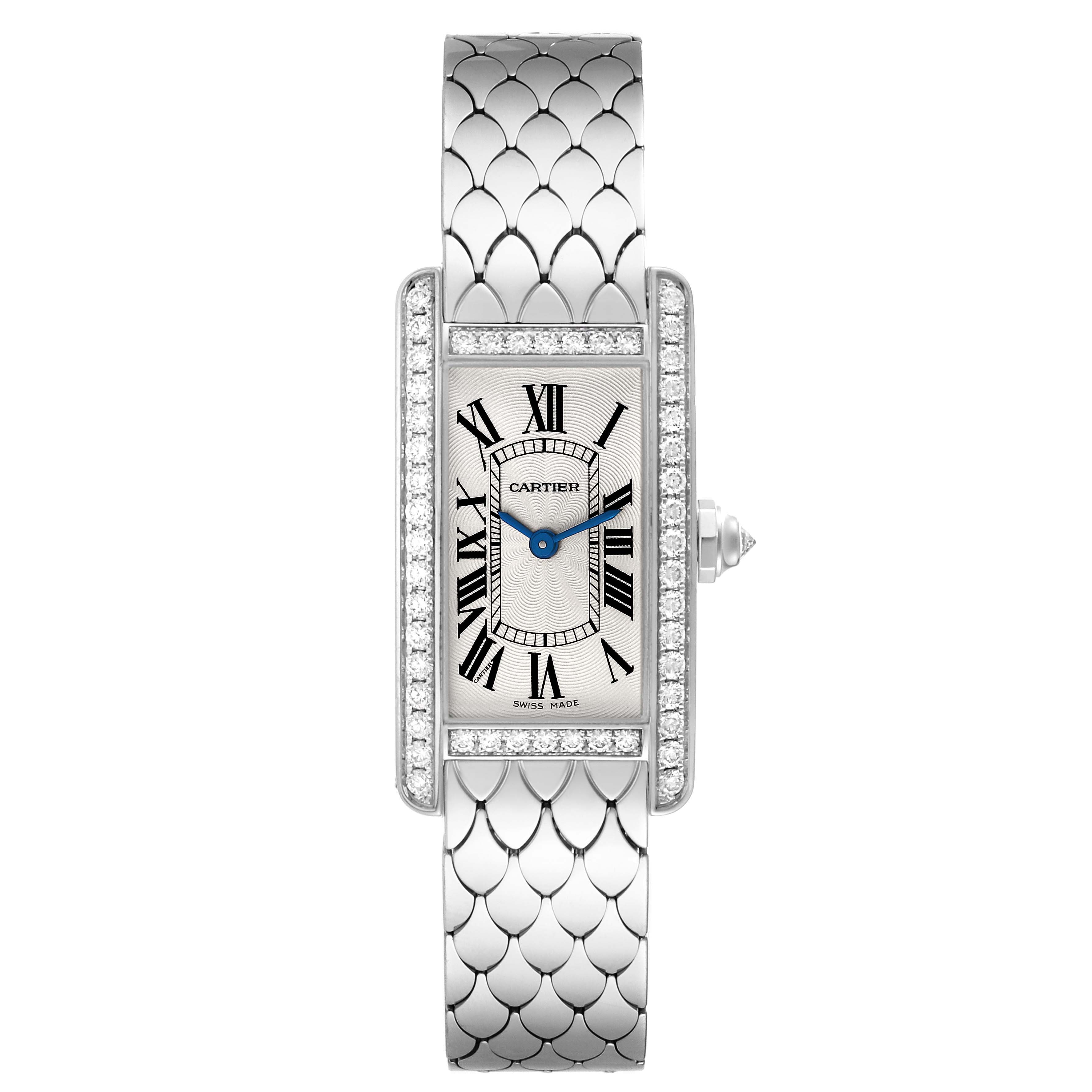 The image shows a front view of the Cartier Tank Américaine watch, displaying the face, strap, and side crown.