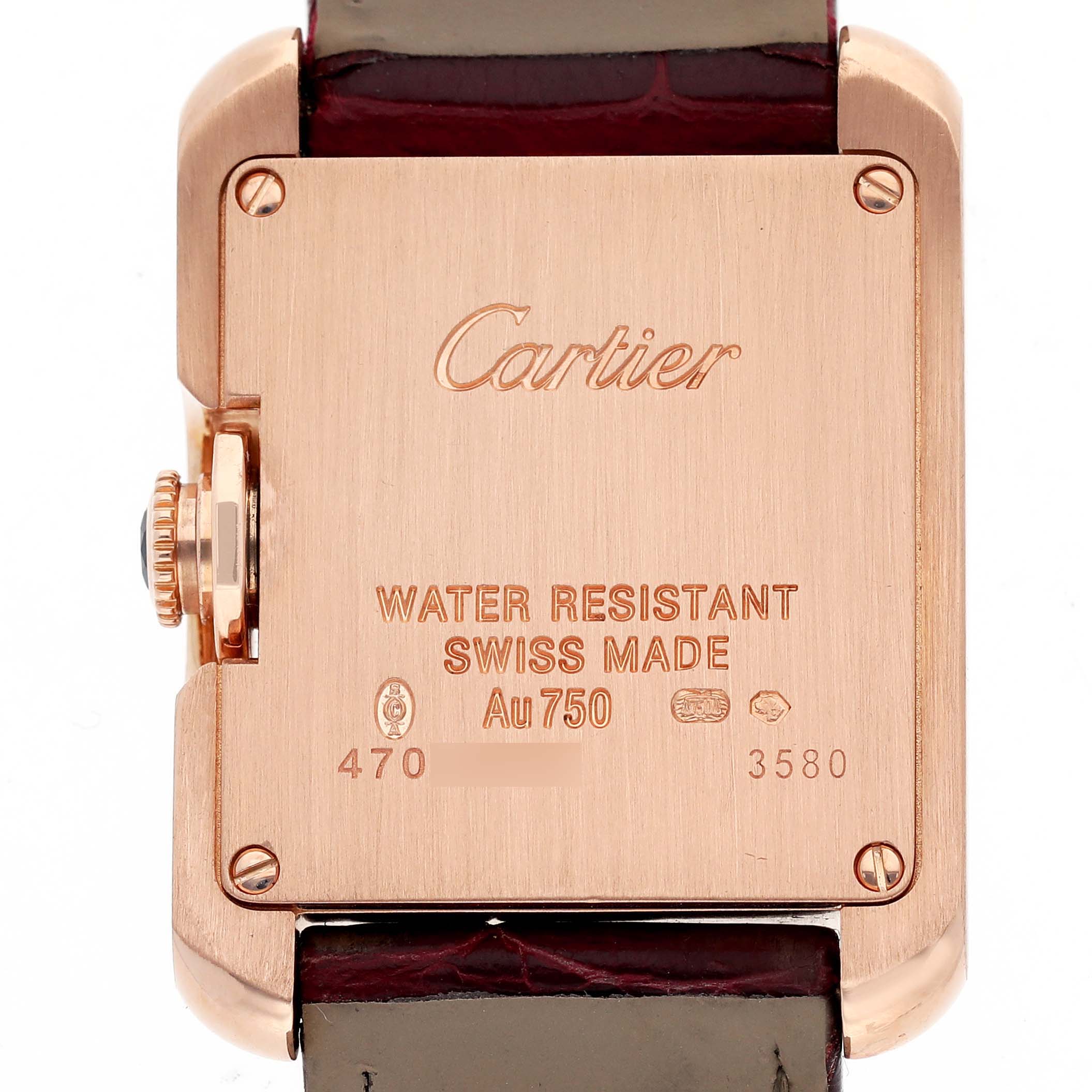 This is the back view of a Cartier Tank Anglaise WJTA0007 Women's Rose Gold Silver Dial WJTA0007 Women's Rose Gold Silver Dial watch, showcasing the case back details and crown.