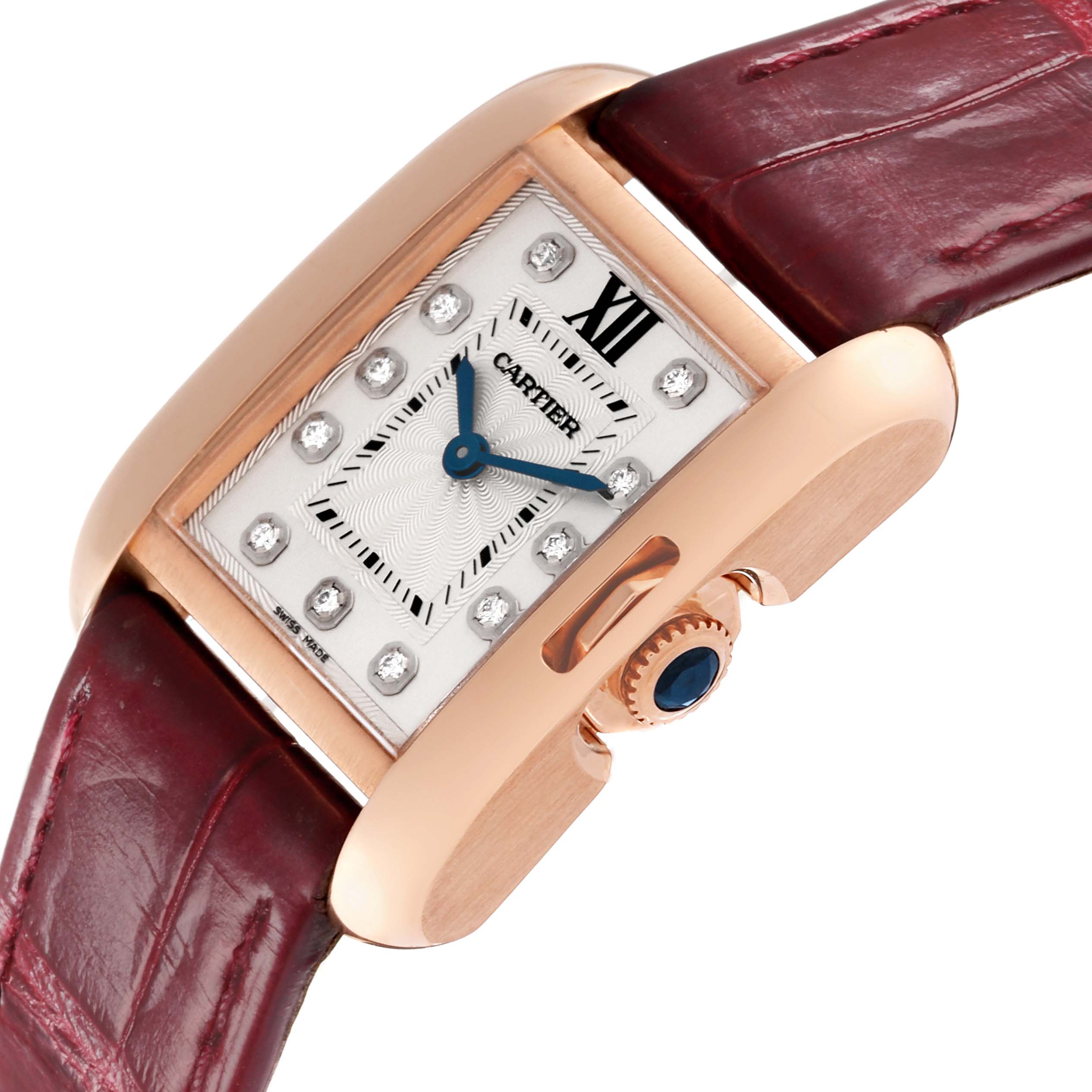 The image shows a close-up angle of the Cartier Tank Anglaise WJTA0007 Women's Rose Gold Silver Dial WJTA0007 Women's Rose Gold Silver Dial watch, highlighting the dial, crown, and part of the strap.