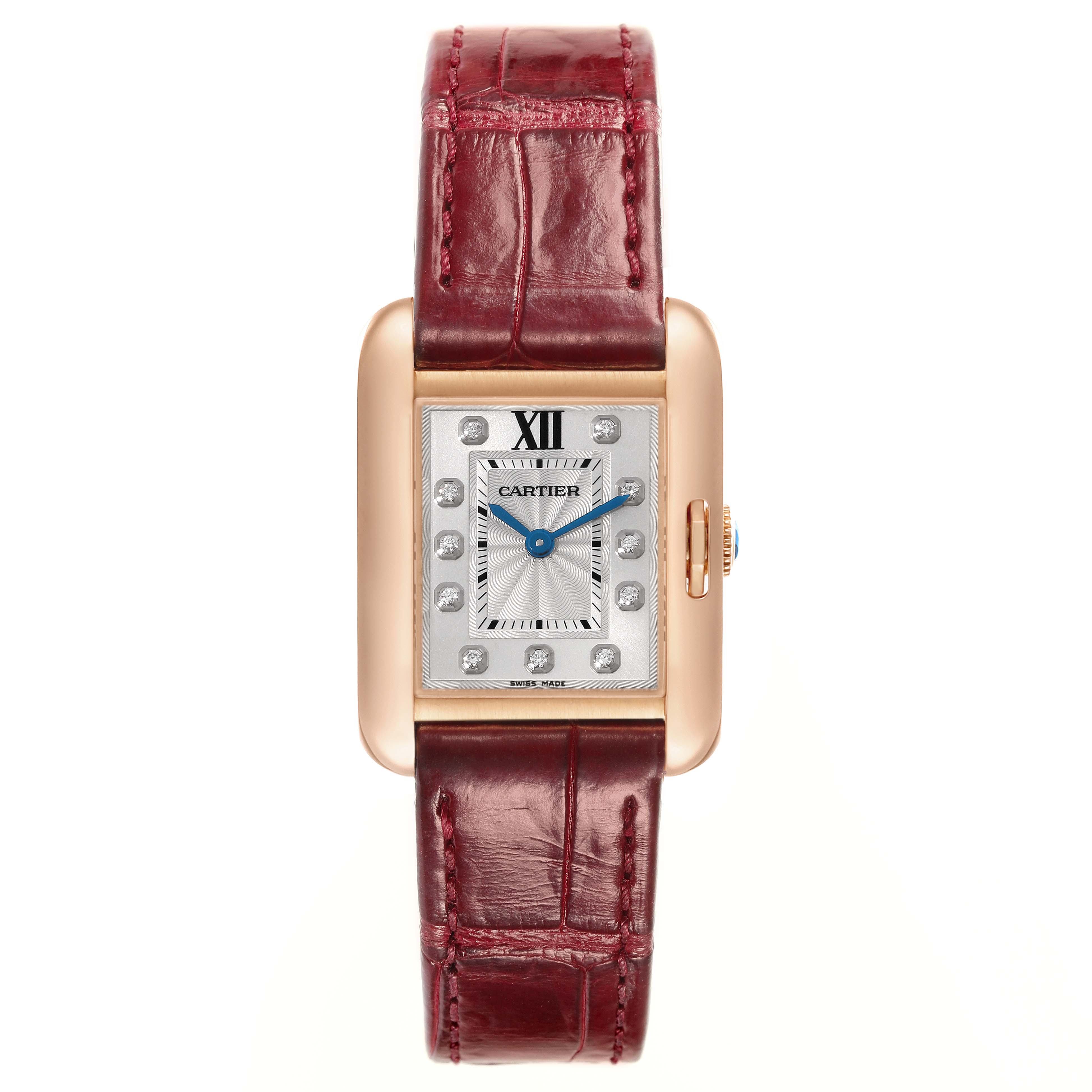The Cartier Tank Anglaise WJTA0007 Women's Rose Gold Silver Dial WJTA0007 Women's Rose Gold Silver Dial watch is shown from a top-down angle, displaying its face and red leather strap.
