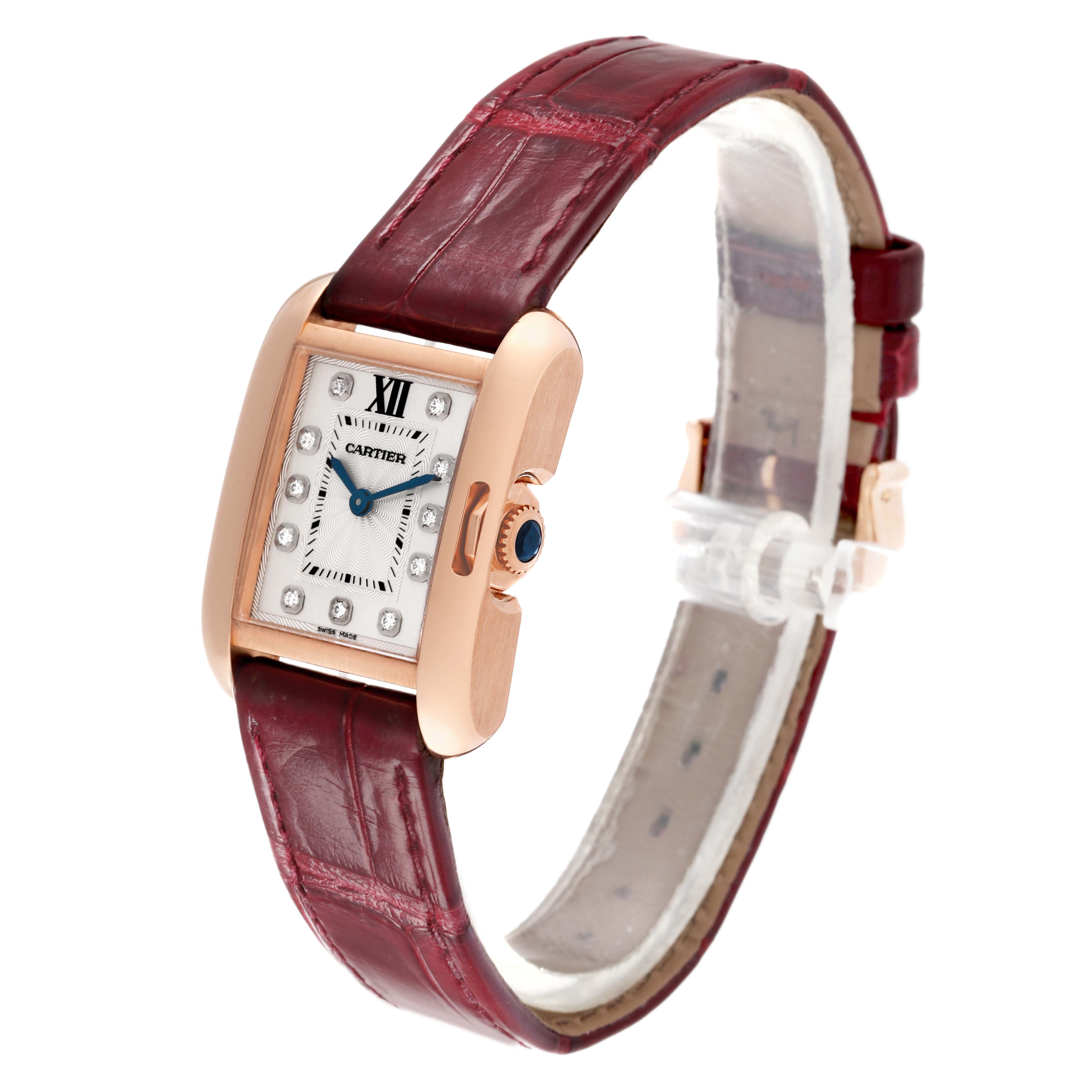 The Cartier Tank Anglaise WJTA0007 Women's Rose Gold Silver Dial WJTA0007 Women's Rose Gold Silver Dial watch is shown at a slight angle, highlighting its rectangular face, leather strap, and Roman numeral dial.