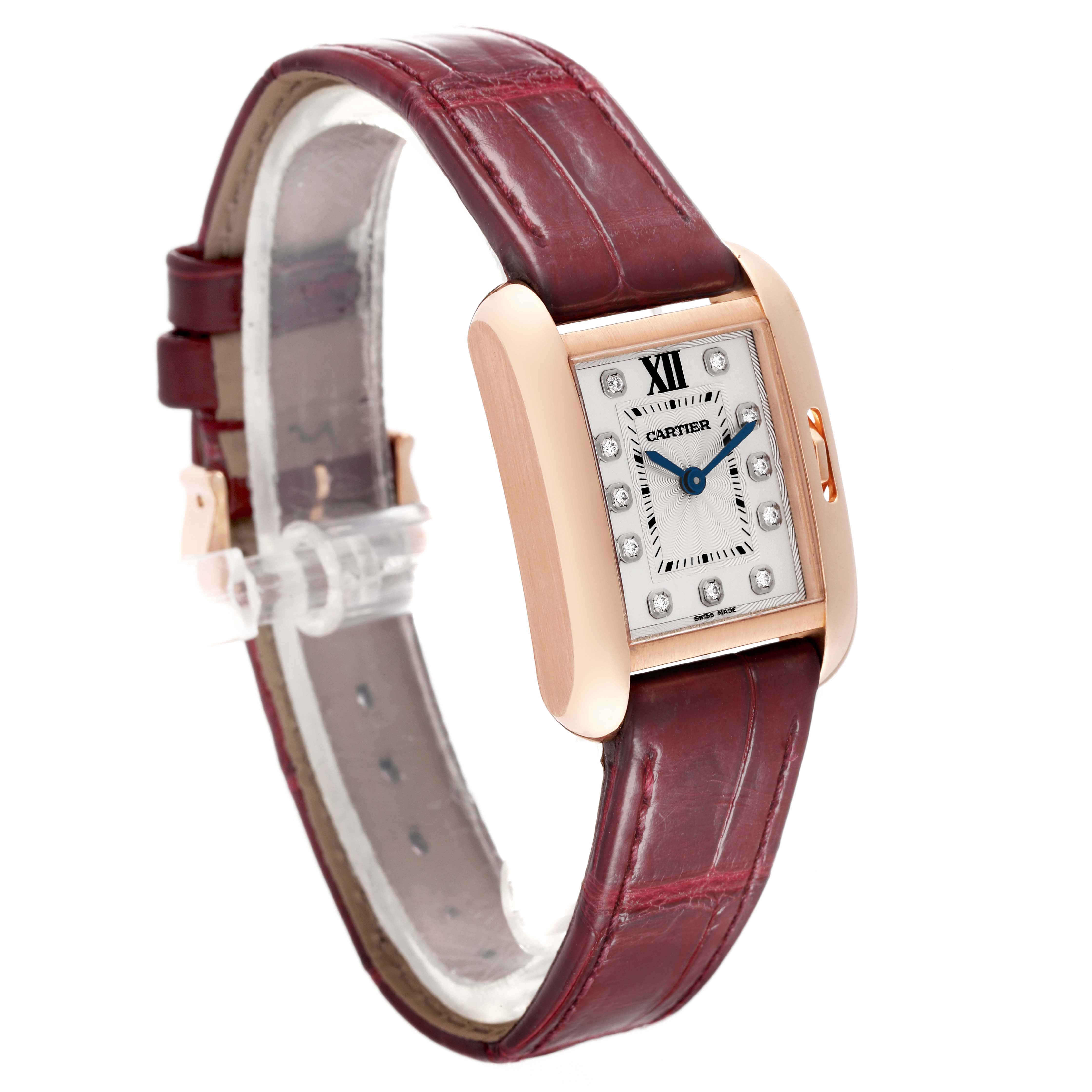 The image shows a Cartier Tank Anglaise WJTA0007 Women's Rose Gold Silver Dial WJTA0007 Women's Rose Gold Silver Dial watch with a rectangular face and a burgundy leather strap, viewed from a three-quarter angle.