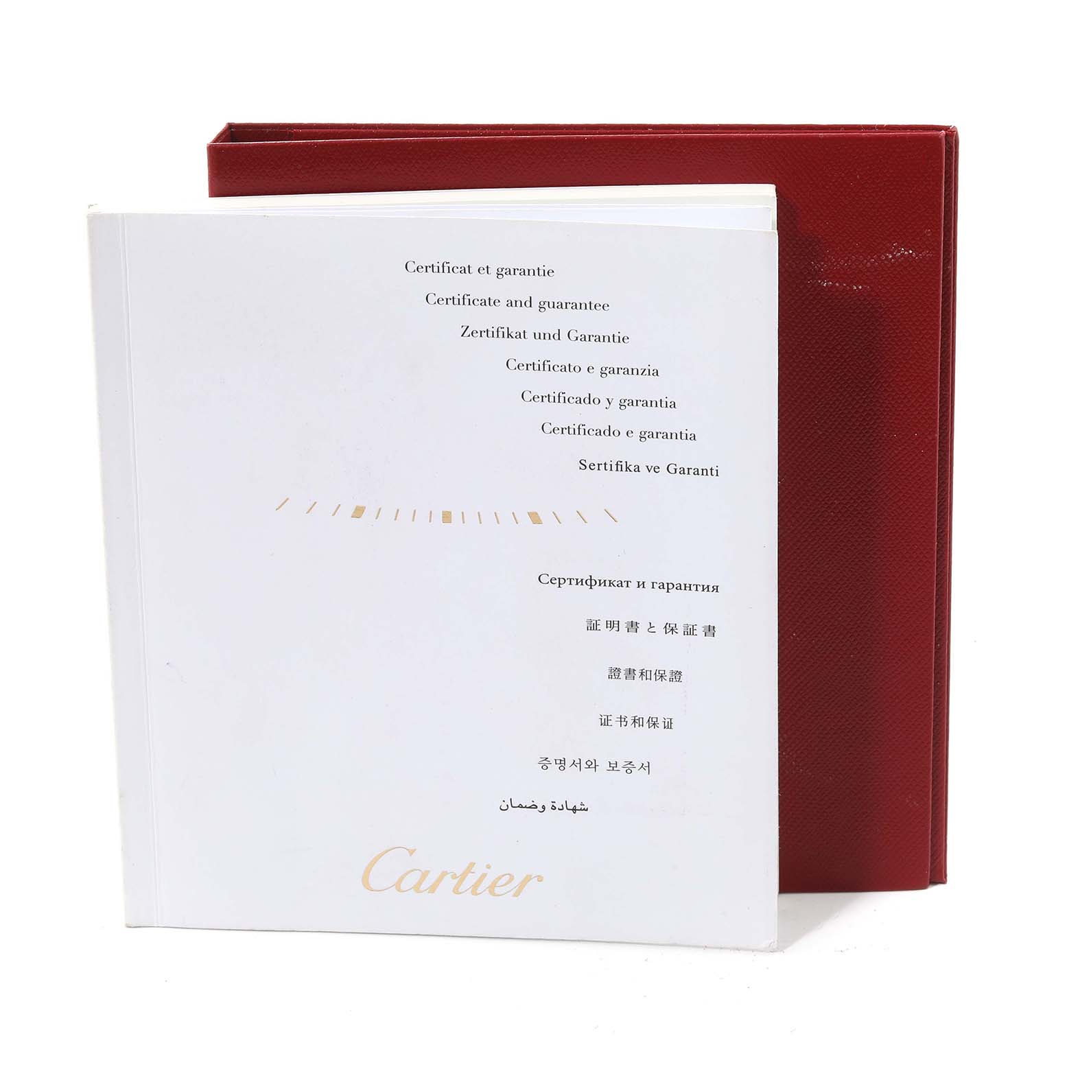 The image shows the certificate and guarantee booklet for the Tank Anglaise model by Cartier, placed in a red folder.