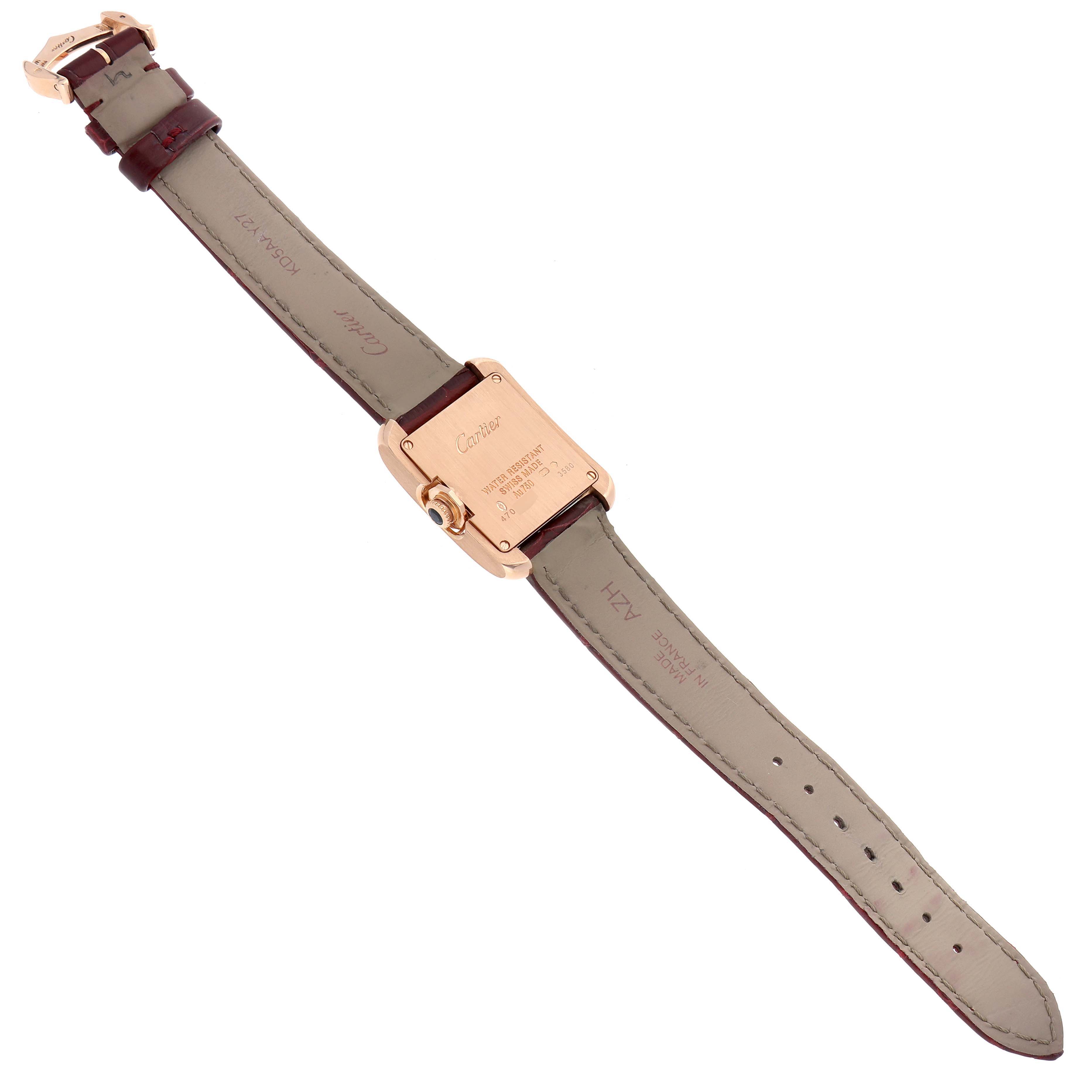 This image shows the back side of a Cartier Tank Anglaise WJTA0007 Women's Rose Gold Silver Dial WJTA0007 Women's Rose Gold Silver Dial watch, including the case back, strap, and buckle.