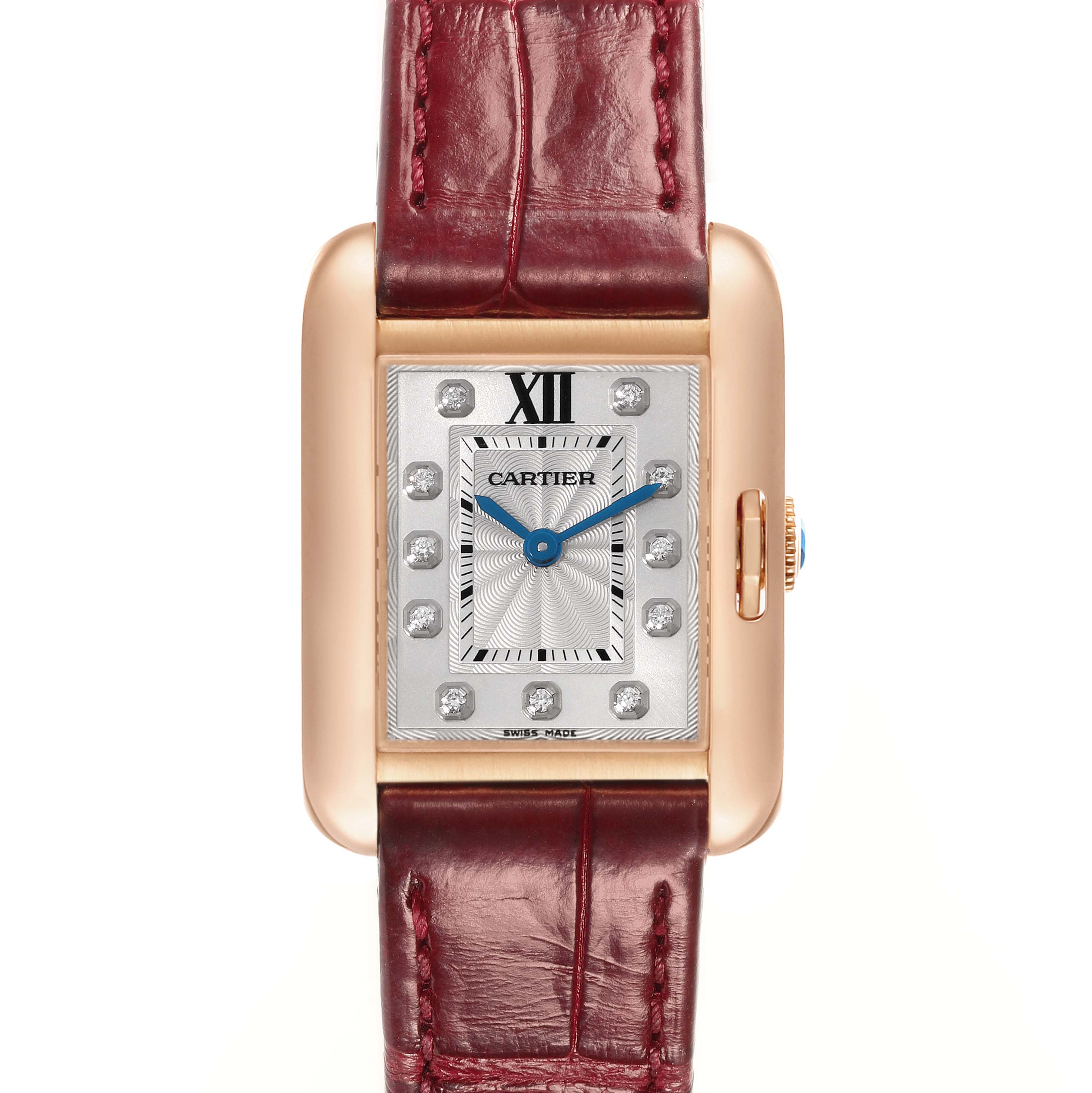 This image shows a frontal view of the Cartier Tank Anglaise WJTA0007 Women's Rose Gold Silver Dial WJTA0007 Women's Rose Gold Silver Dial watch, highlighting its dial, hands, case, and red leather strap.