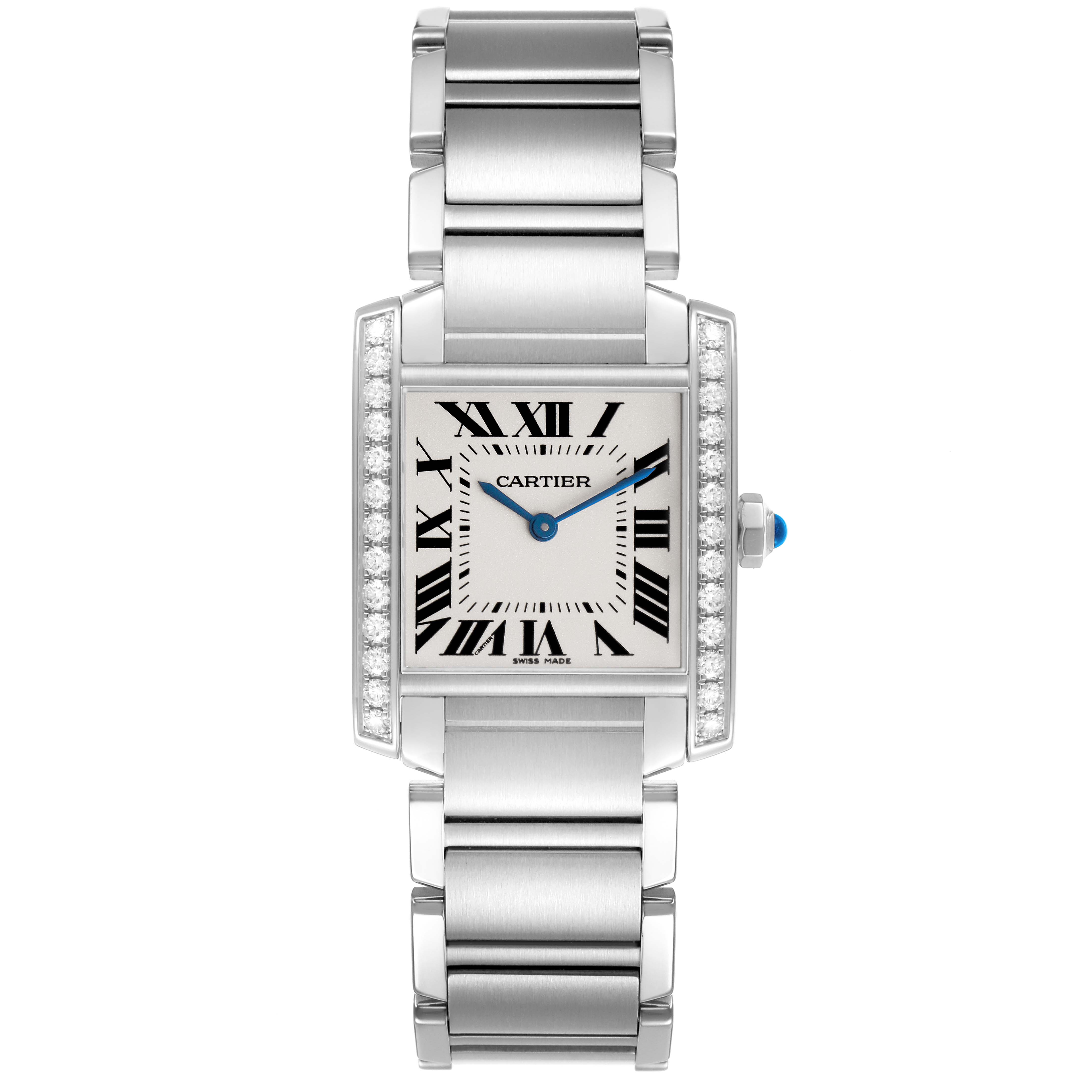 The Cartier Tank Française watch is shown from a front view, highlighting its rectangular case, Roman numerals, and metal bracelet.