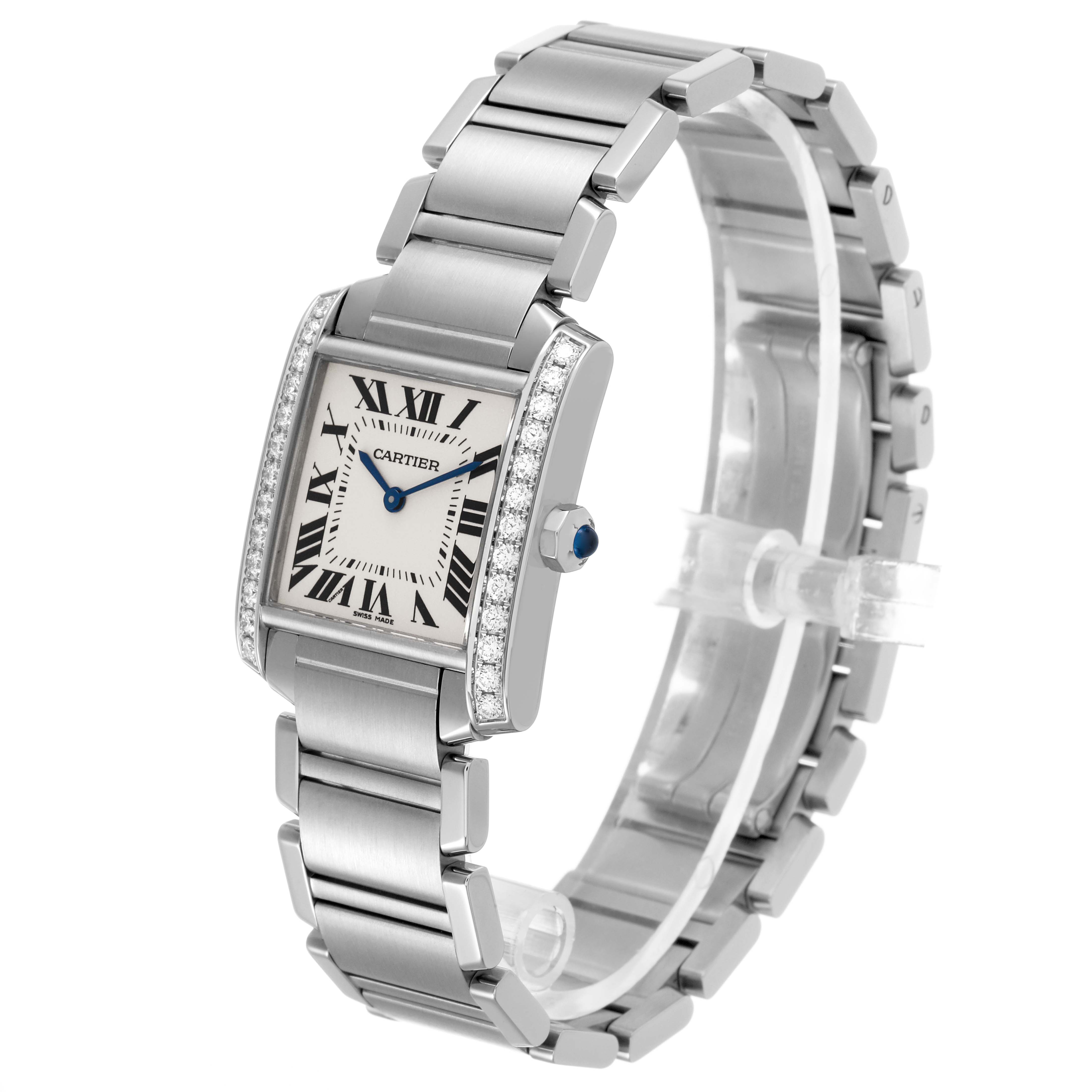 The Cartier Tank Française watch is shown from a three-quarter angle, highlighting the face, bracelet, and side details.