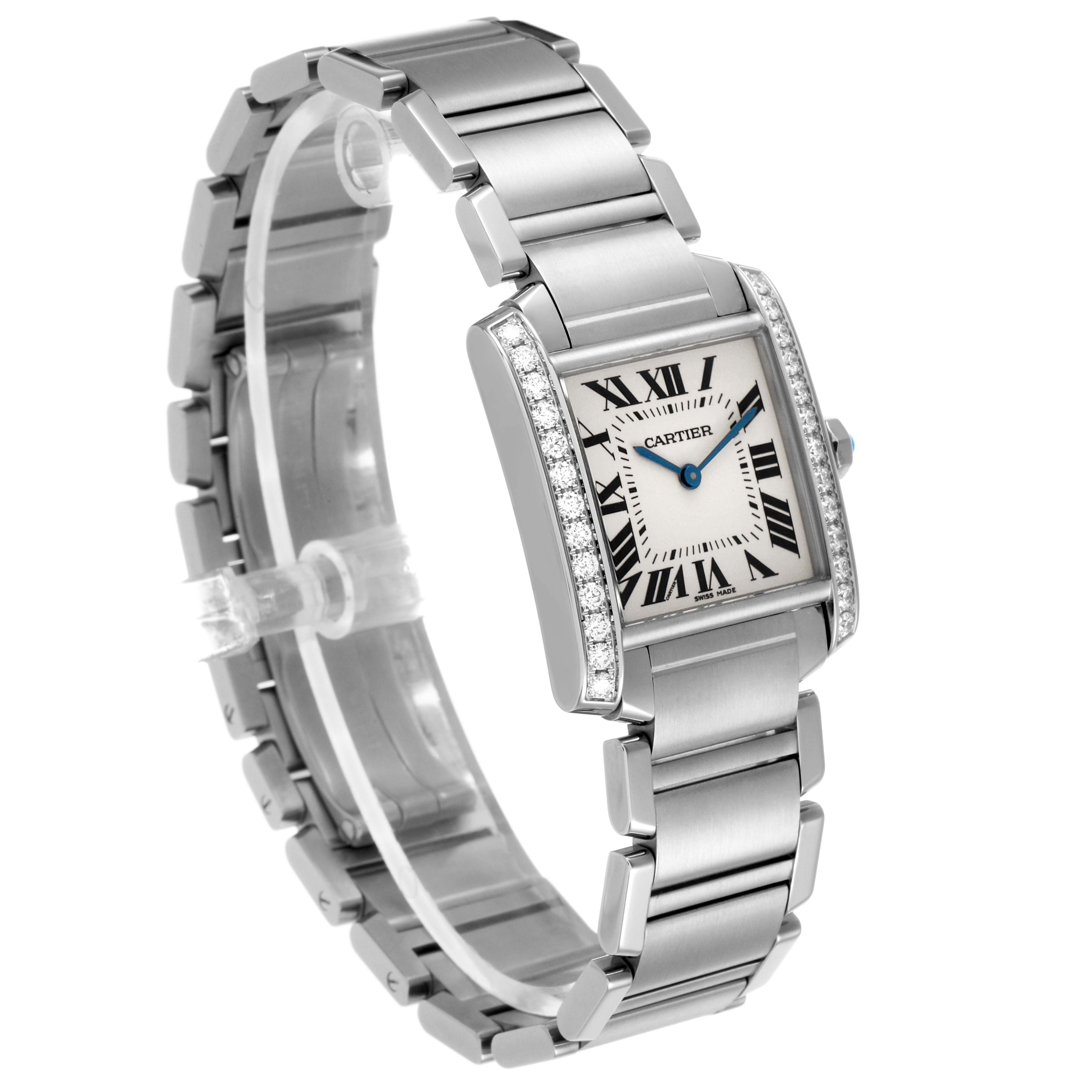 The Cartier Tank Française watch is shown at a three-quarter angle, highlighting its face, bracelet, and diamond-studded bezel.