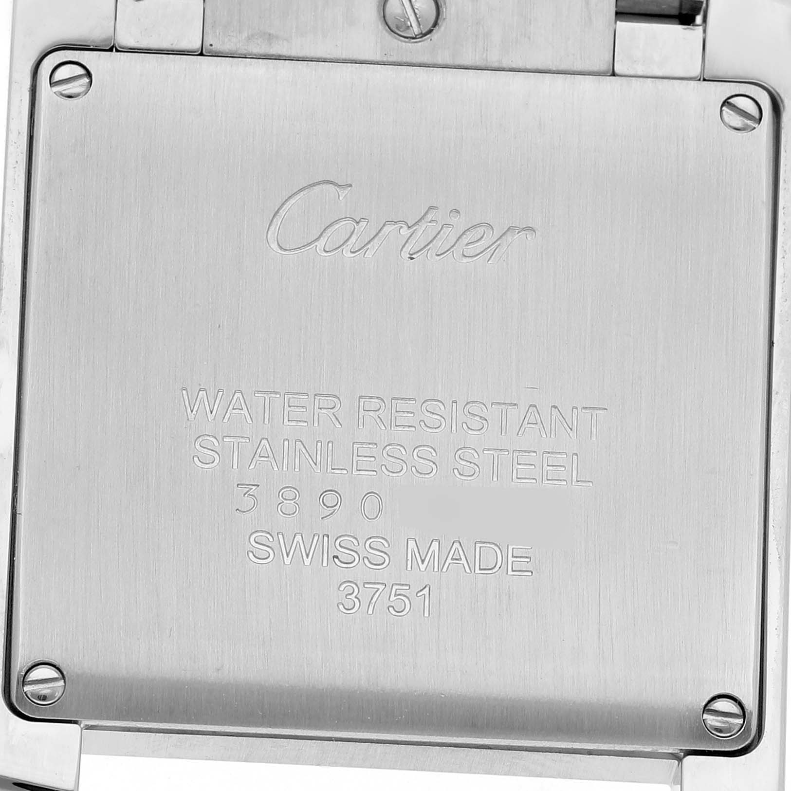 The image shows the back case of a Cartier Tank Française watch, displaying branding and model details.