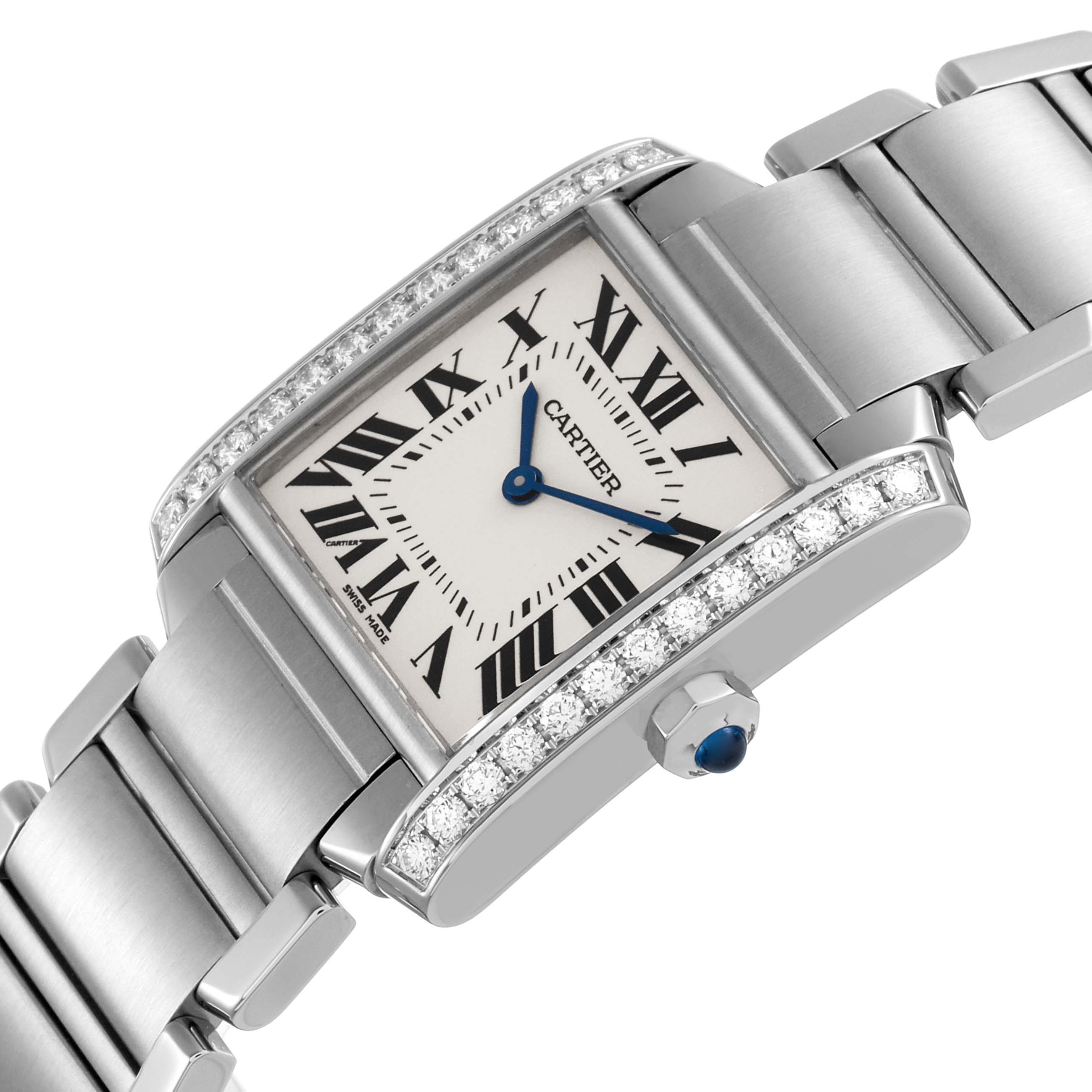 The Cartier Tank Française watch is shown from an angled view, highlighting the face, bracelet, and diamond-set bezel.