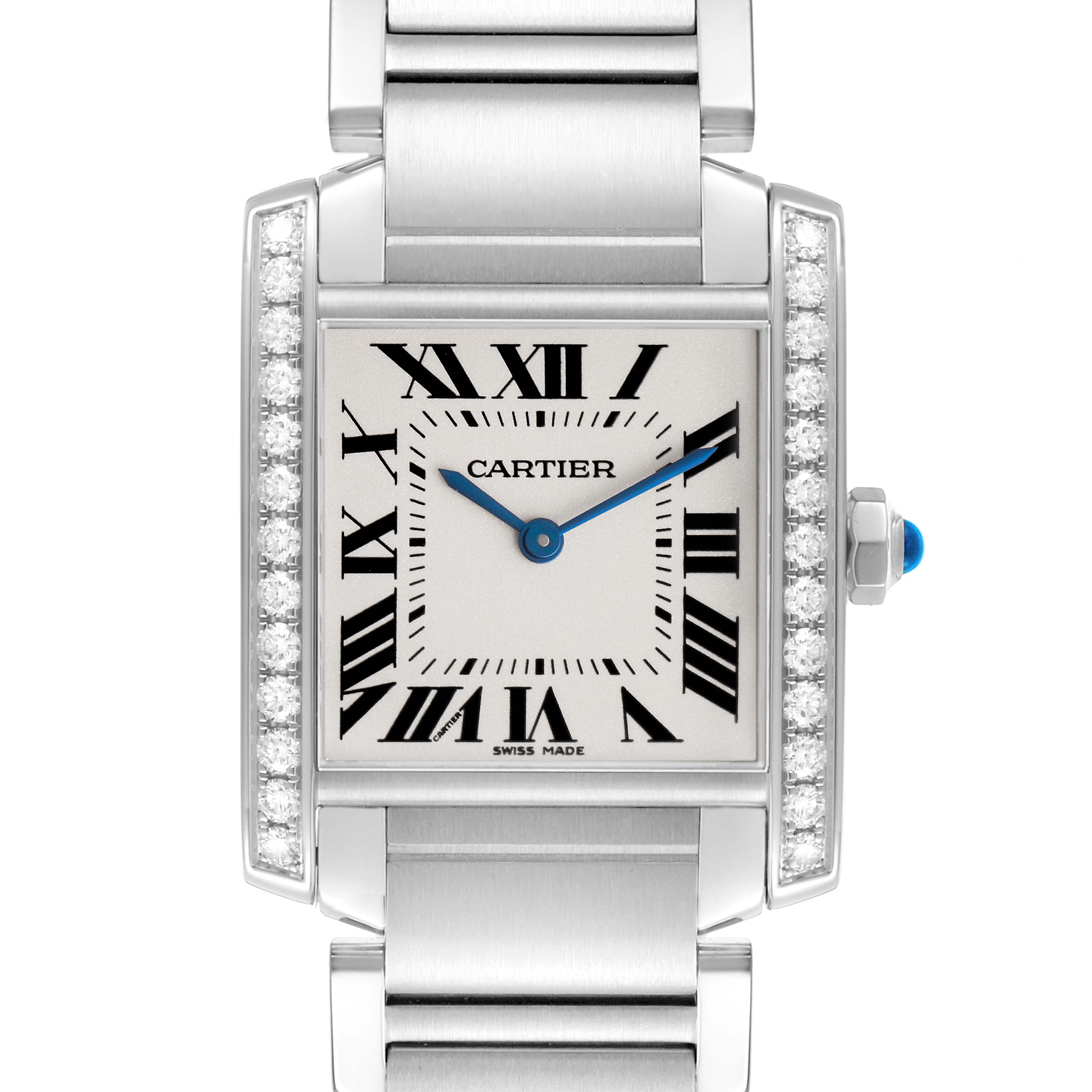 The Cartier Tank Francaise W4TA0009 Men's Stainless Steel Silver Dial watch is shown from the front, highlighting its face, Roman numerals, bracelet, and diamond accents.