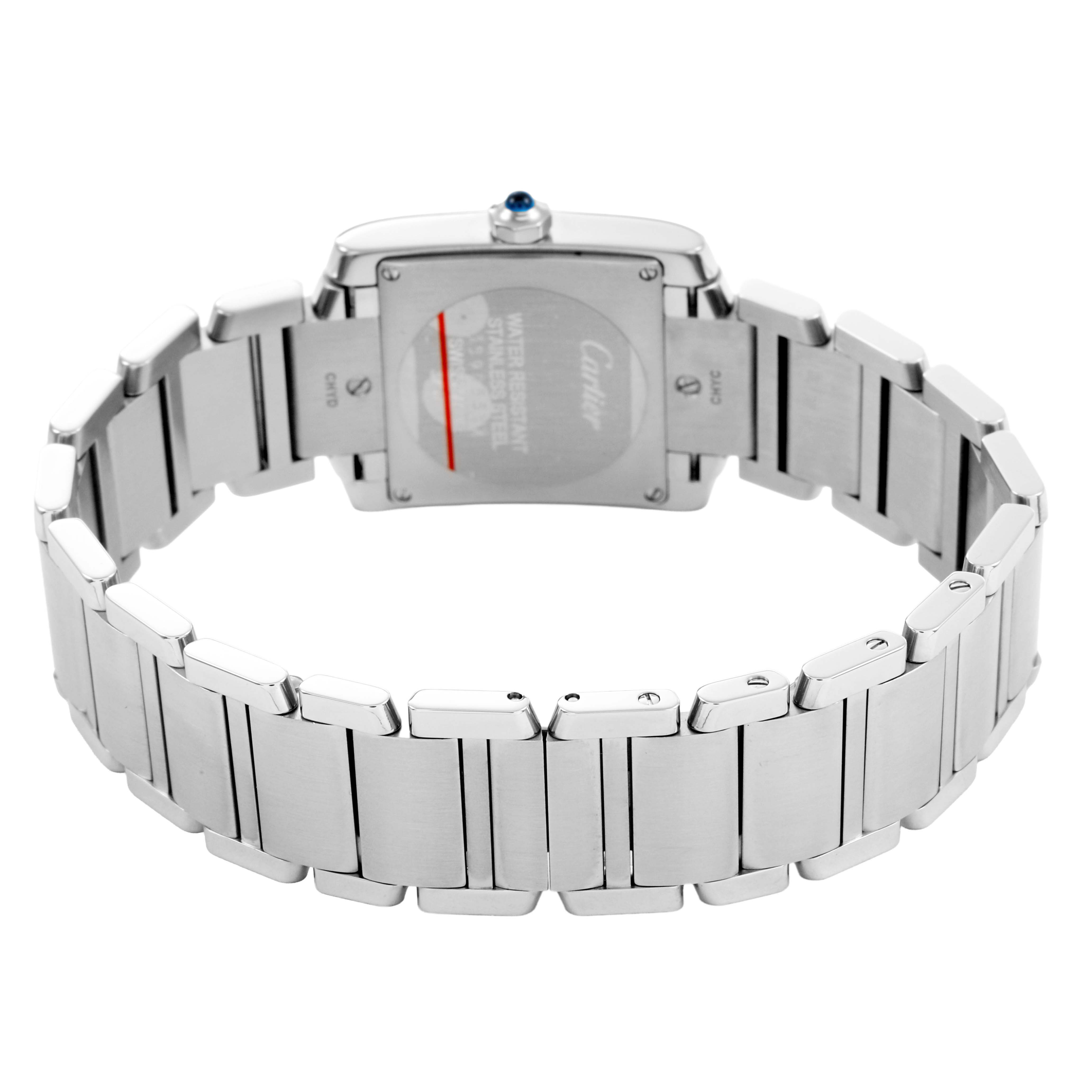 The image shows the back and bracelet of a Cartier Tank Française watch, highlighting the case back and deployment clasp.