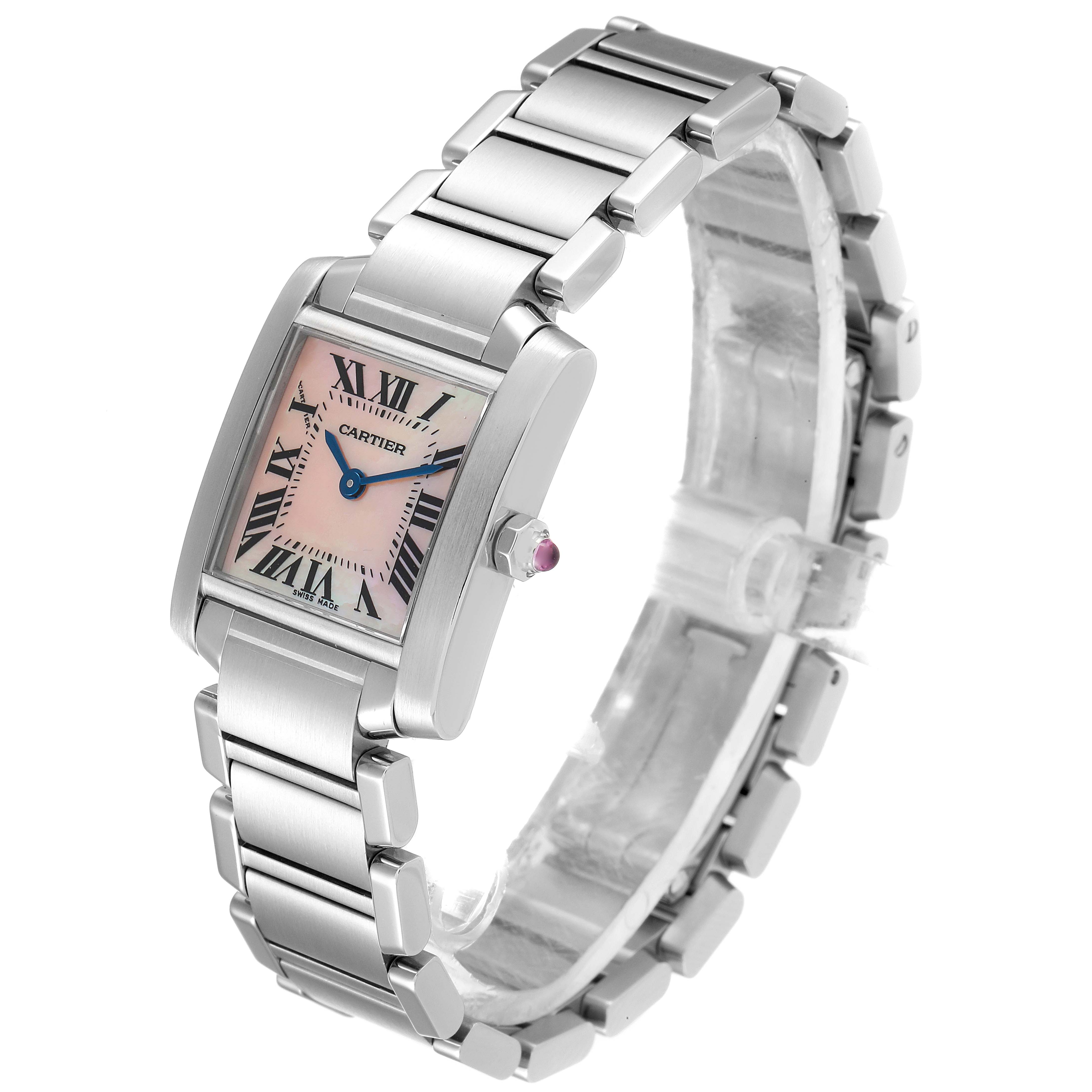 The image shows a side and front angle of the Cartier Tank Francaise W51028Q3 Women
s Stainless Steel Mother of Pearl Dial W51028Q3 Women
s Stainless Steel Mother of Pearl Dial watch, highlighting its bracelet and dial.