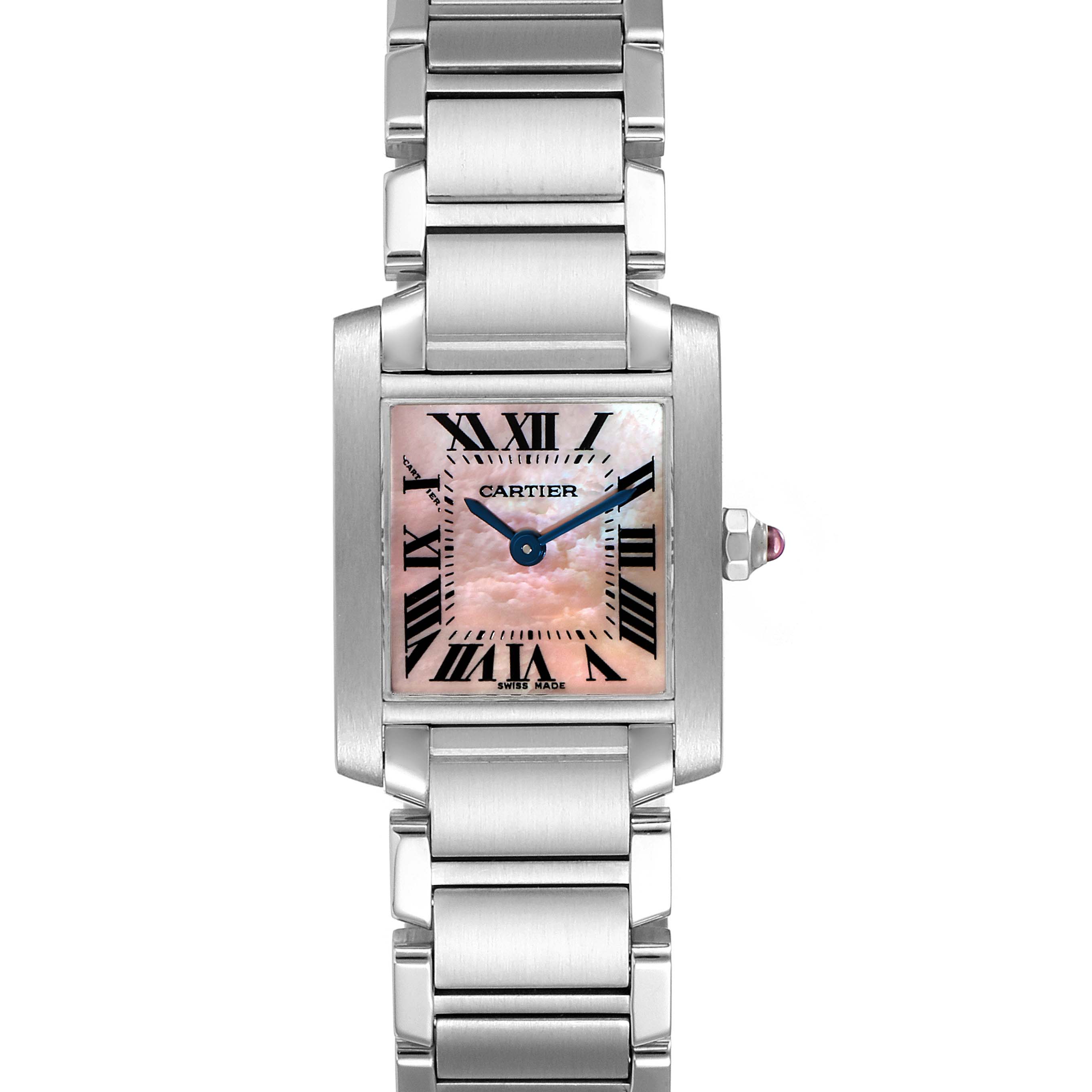 The image shows a front view of the Cartier Tank Francaise W51028Q3 Women
s Stainless Steel Mother of Pearl Dial W51028Q3 Women
s Stainless Steel Mother of Pearl Dial watch, highlighting its face, Roman numerals, and metal bracelet.