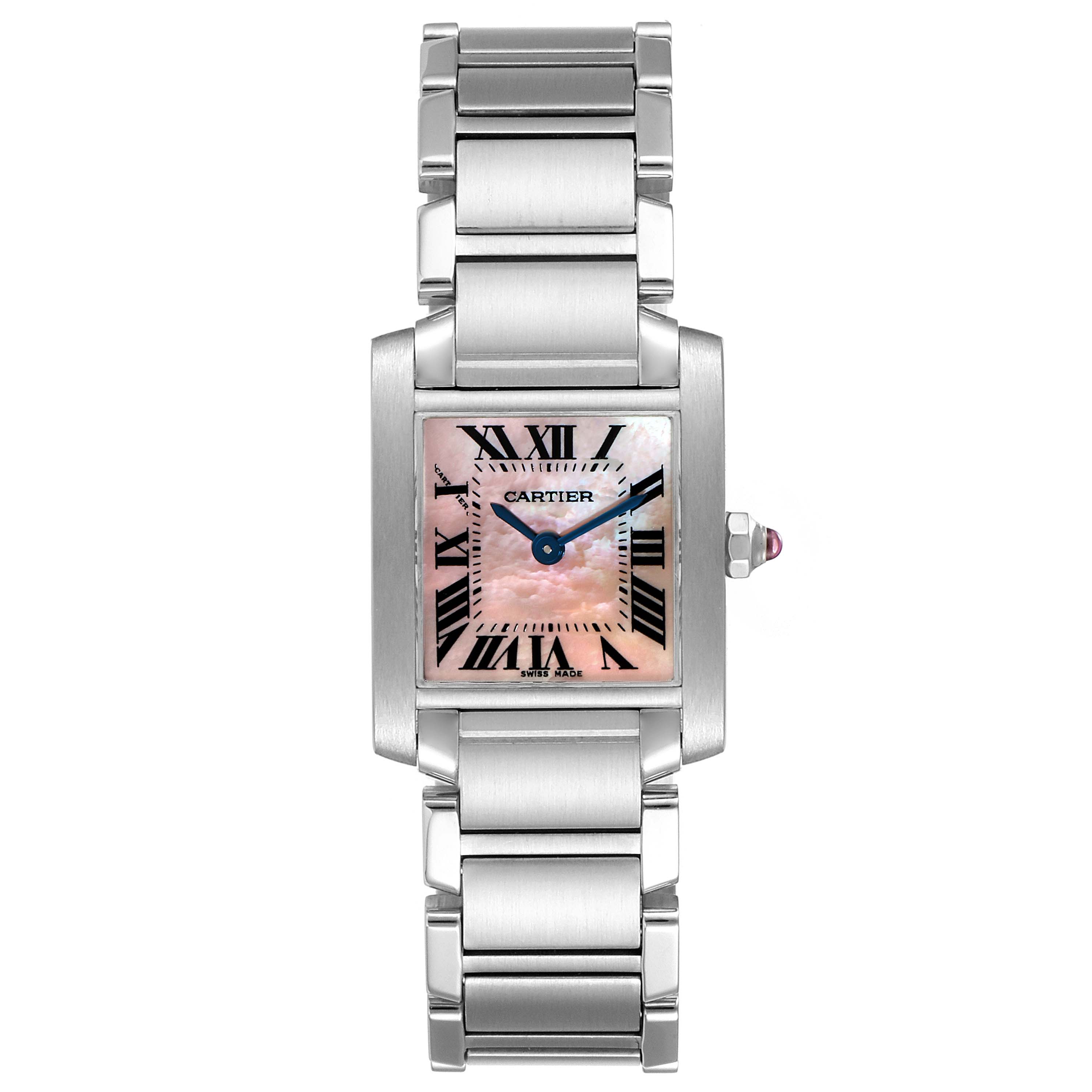 The image shows a frontal view of the Cartier Tank Francaise W51028Q3 Women
s Stainless Steel Mother of Pearl Dial W51028Q3 Women
s Stainless Steel Mother of Pearl Dial watch, displaying its face, dial, bracelet, and crown.