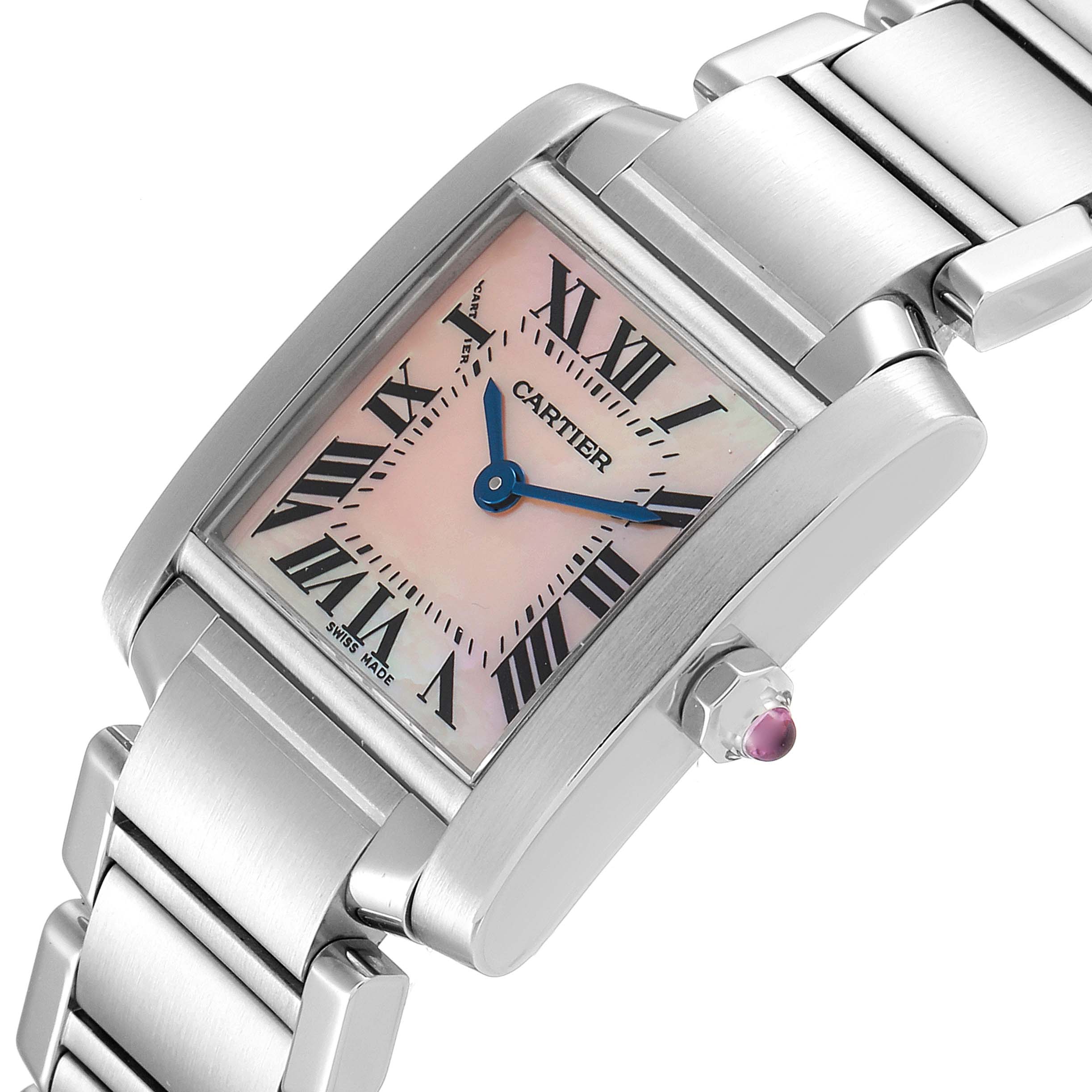 This image shows a close-up of the Cartier Tank Française watch, highlighting its dial, hour markers, crown, and metal bracelet.