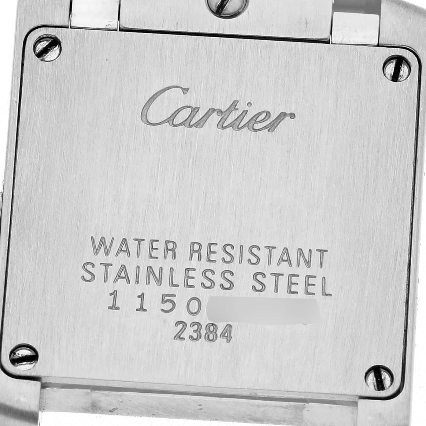 The image shows the back of a Cartier Tank Francaise W51008Q3 Women
s Stainless Steel Silver Dial watch, highlighting its water resistance and stainless steel material.