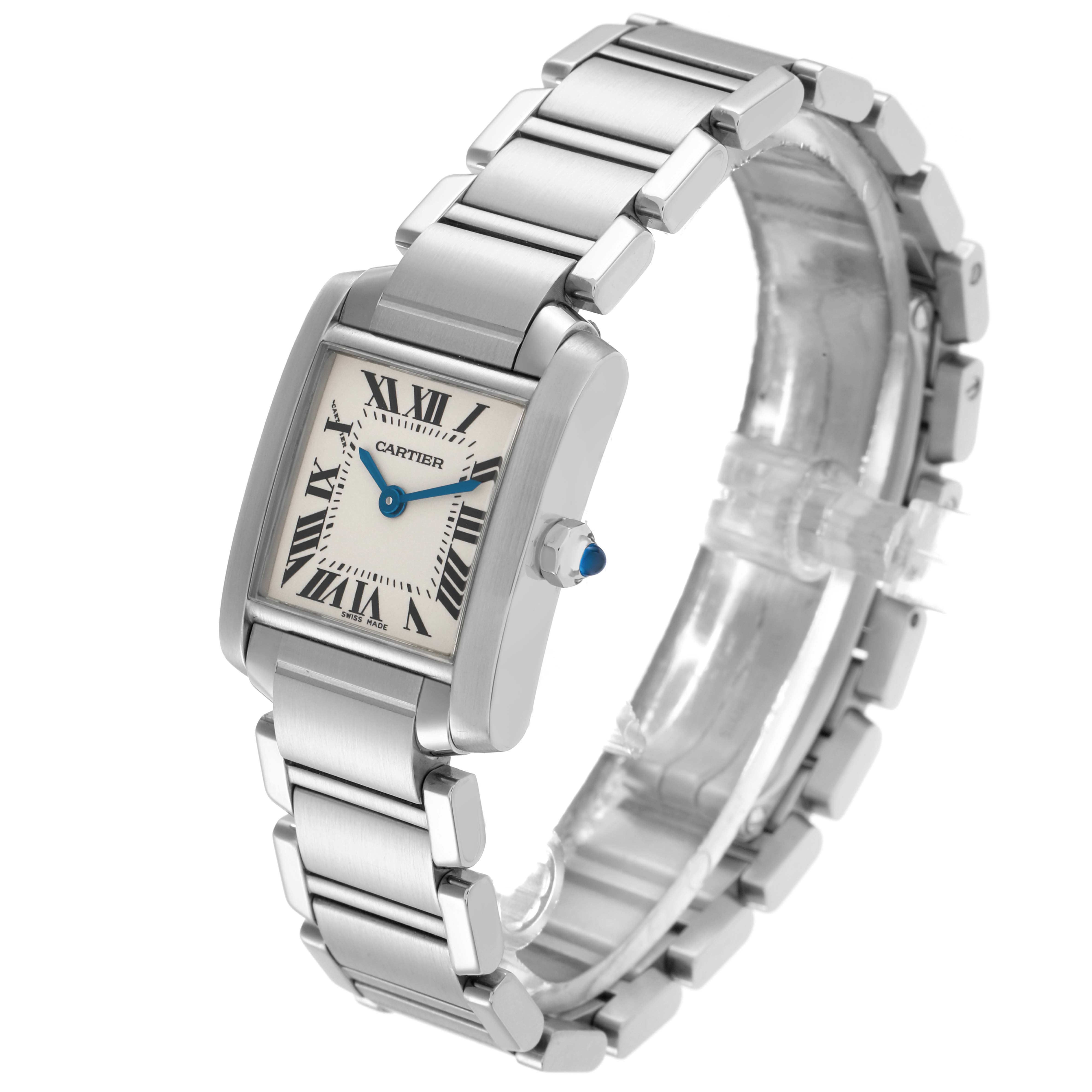 The Cartier Tank Francaise W51008Q3 Women
s Stainless Steel Silver Dial watch is shown at a three-quarter angle, highlighting the bracelet, rectangular case, and dial.