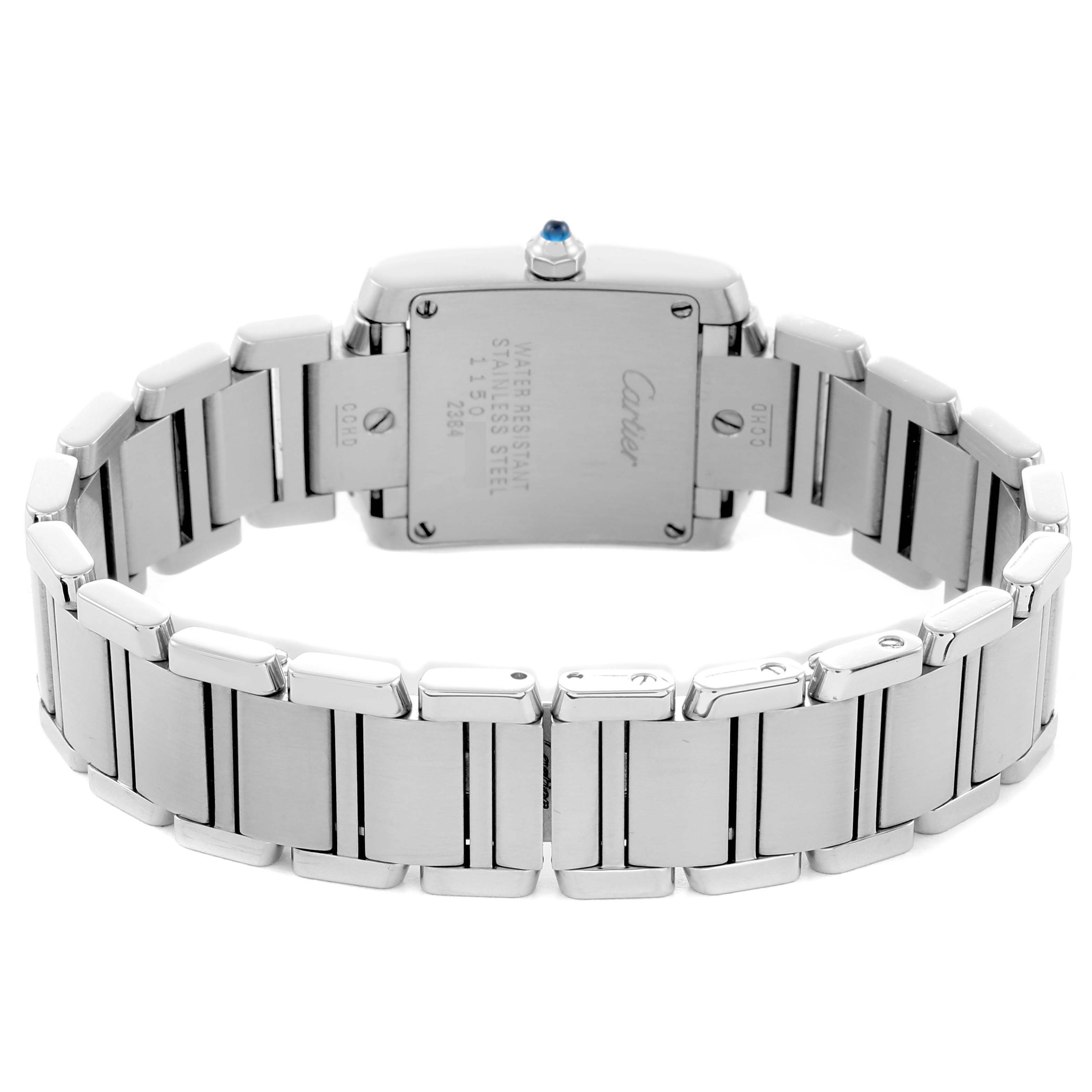 The image shows the back view of the Cartier Tank Française watch, highlighting the stainless steel bracelet and case back.