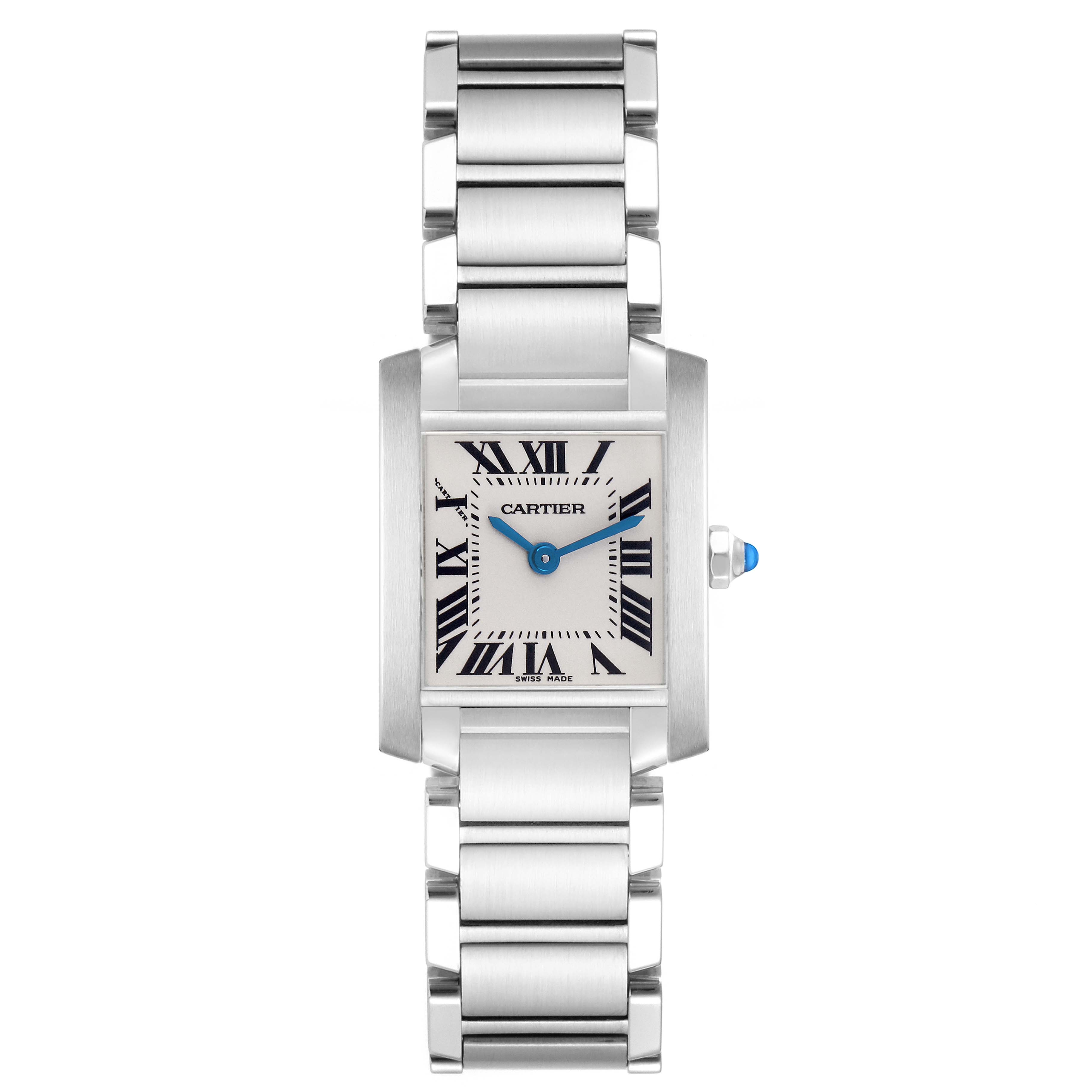 The Cartier Tank Francaise W51008Q3 Women
s Stainless Steel Silver Dial watch is shown from the front, highlighting its rectangular face, Roman numerals, and metal bracelet.