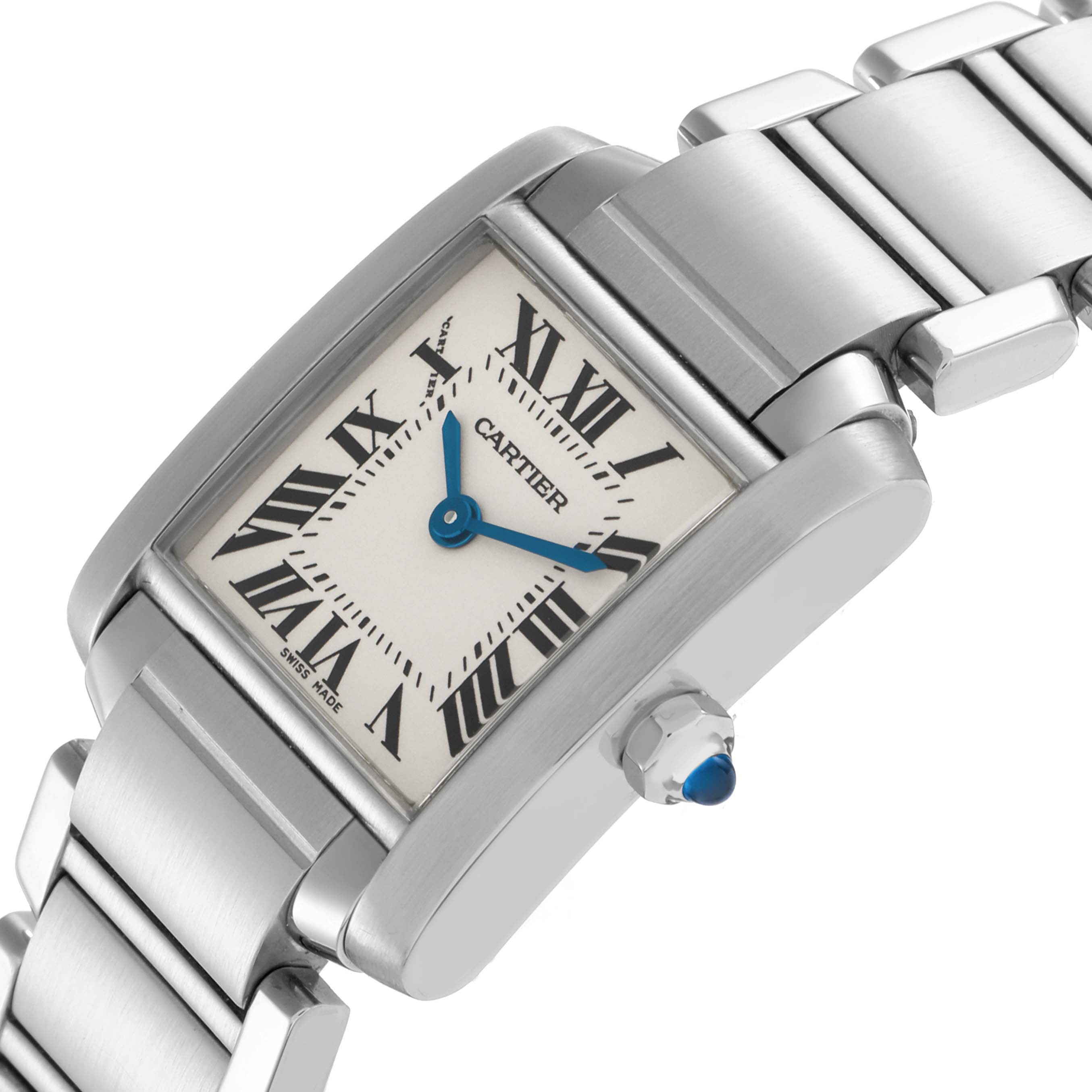 The Cartier Tank Francaise W51008Q3 Women
s Stainless Steel Silver Dial watch is shown at an angle highlighting its face, Roman numerals, and bracelet, along with the side crown.