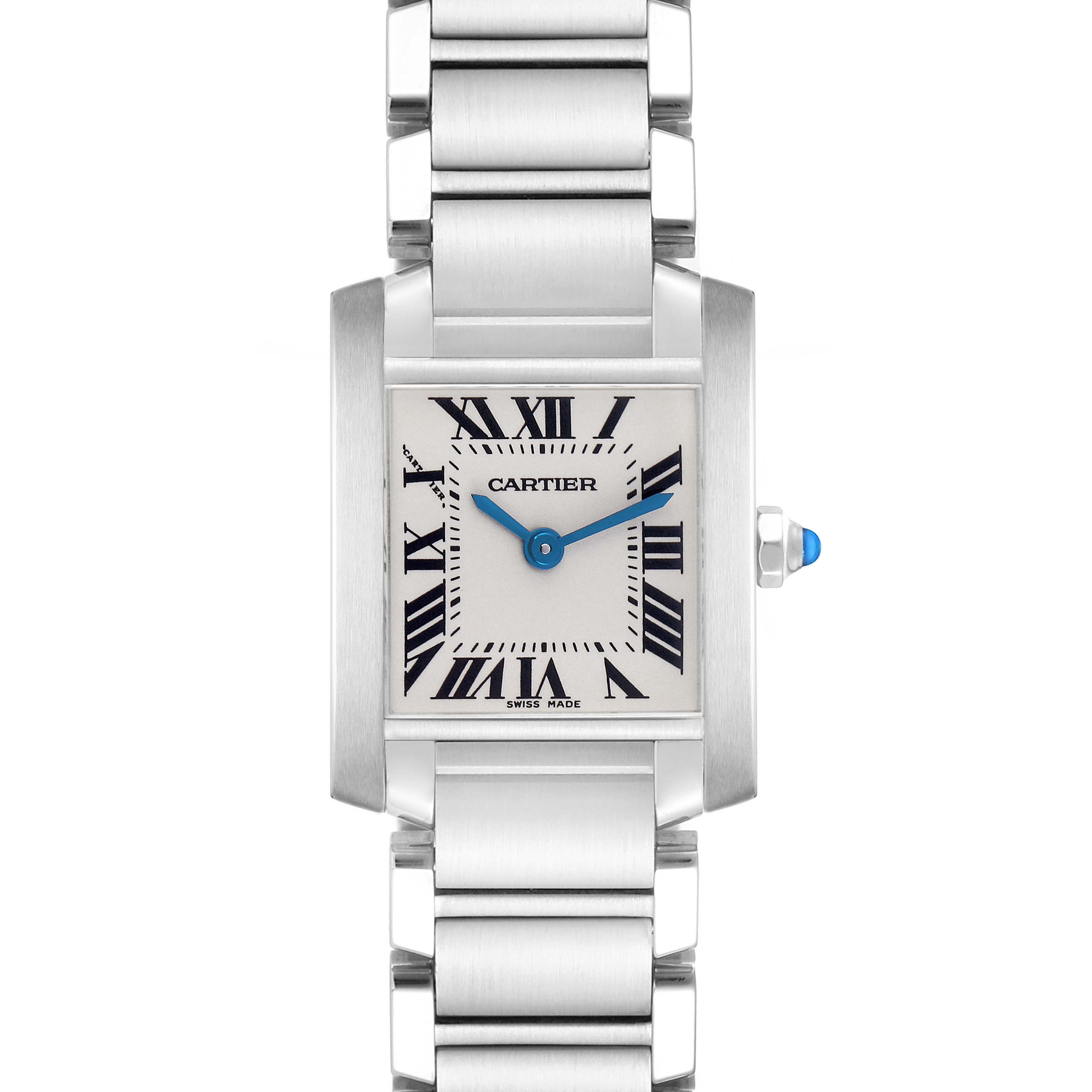 The Cartier Tank Francaise W51008Q3 Women
s Stainless Steel Silver Dial watch is shown front-facing, displaying its square dial and metal bracelet.