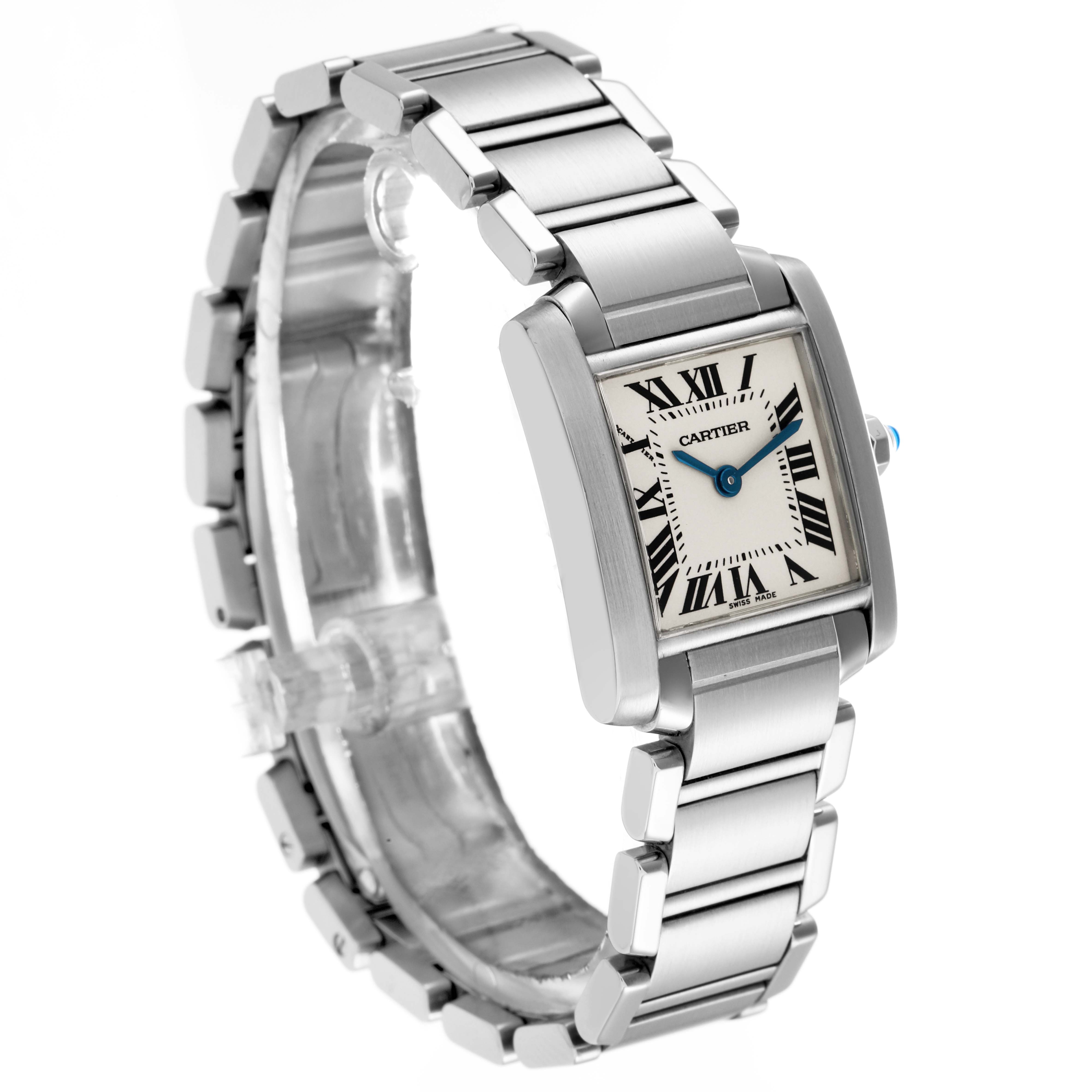 The Cartier Tank Francaise W51008Q3 Women
s Stainless Steel Silver Dial watch is shown at an angle, highlighting its face, case, and metal bracelet.