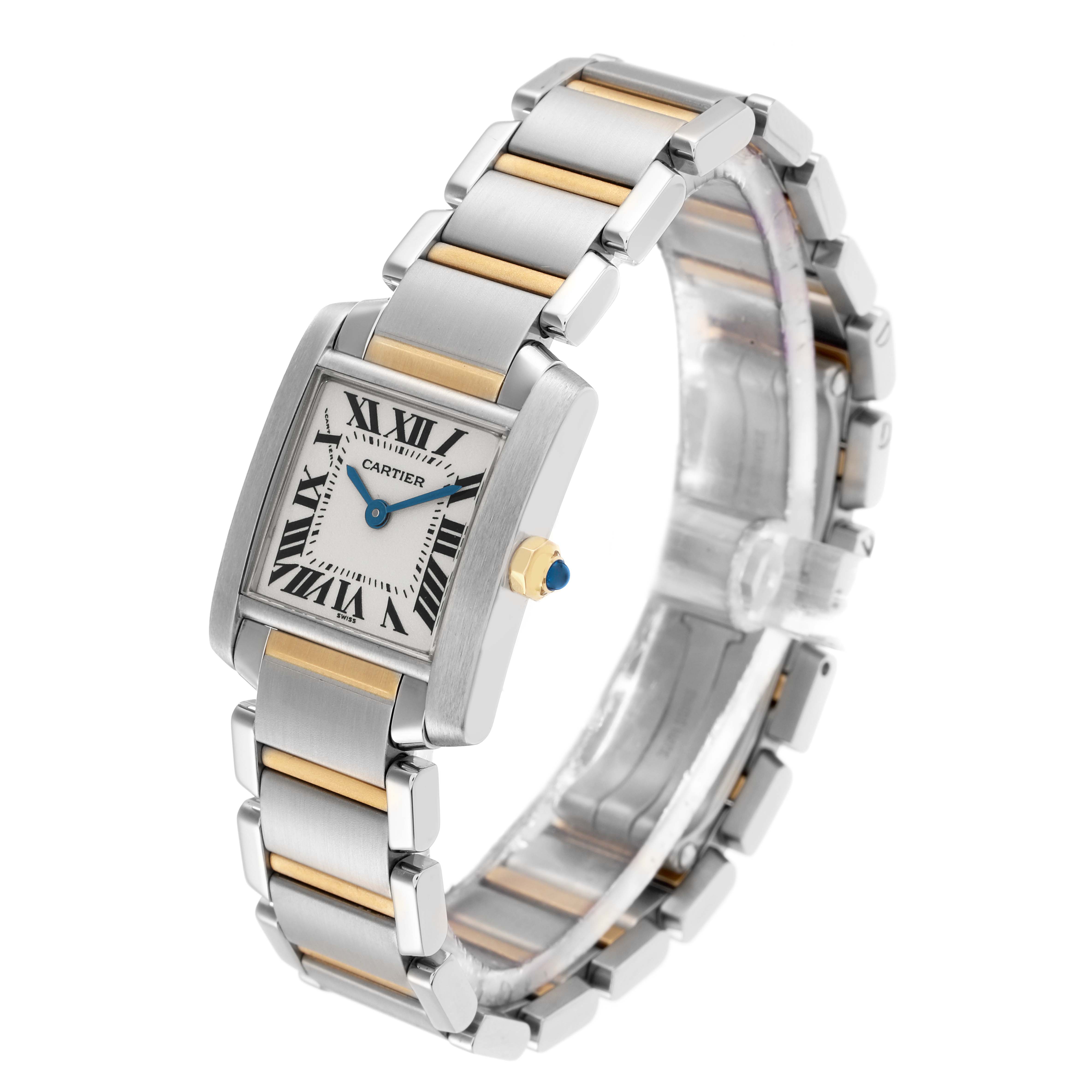 The Cartier Tank Française watch is shown at an angle highlighting the face, bracelet, and side view with the crown.